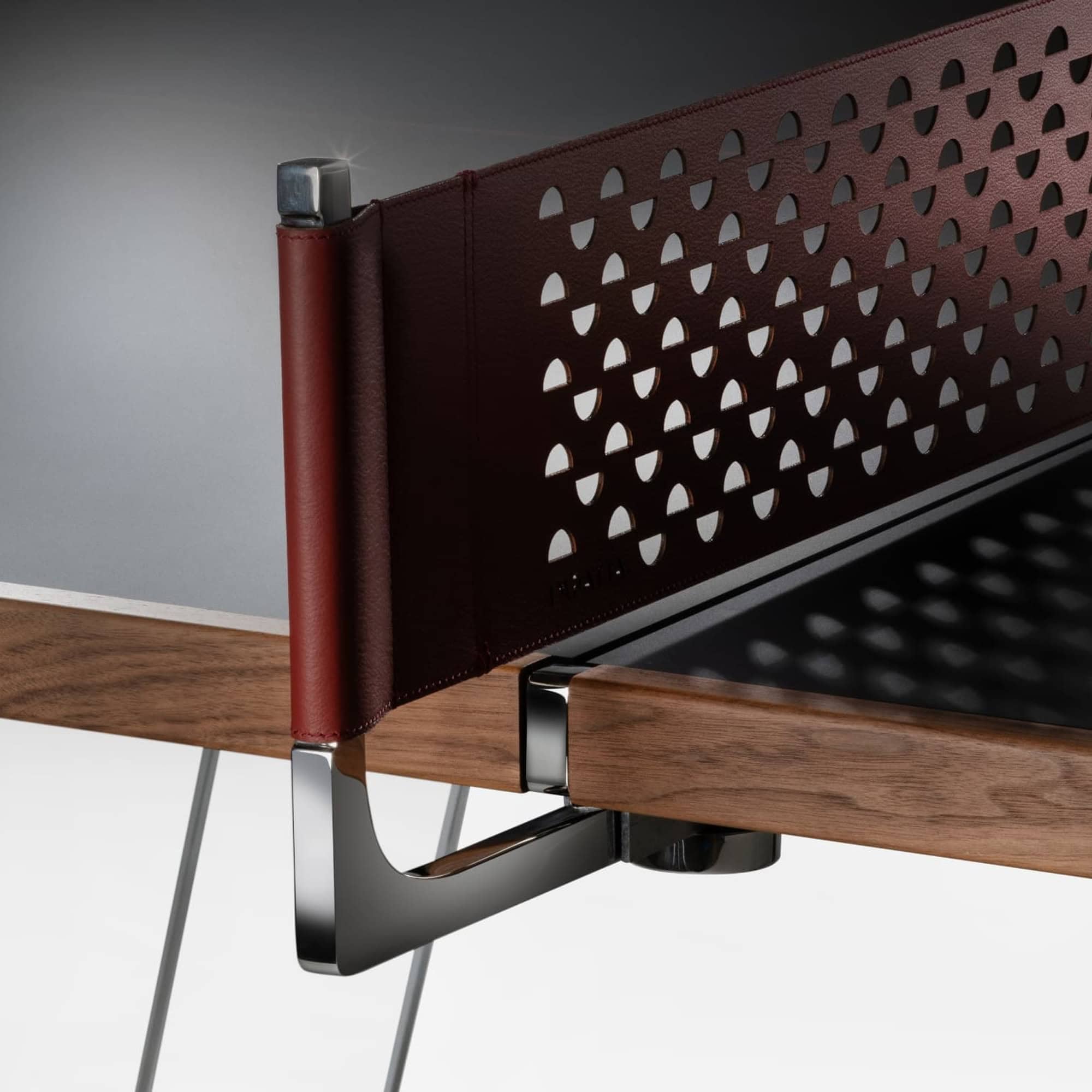 Leather accent detail on modern Sklar Furnishings conference table, showcasing contemporary design.