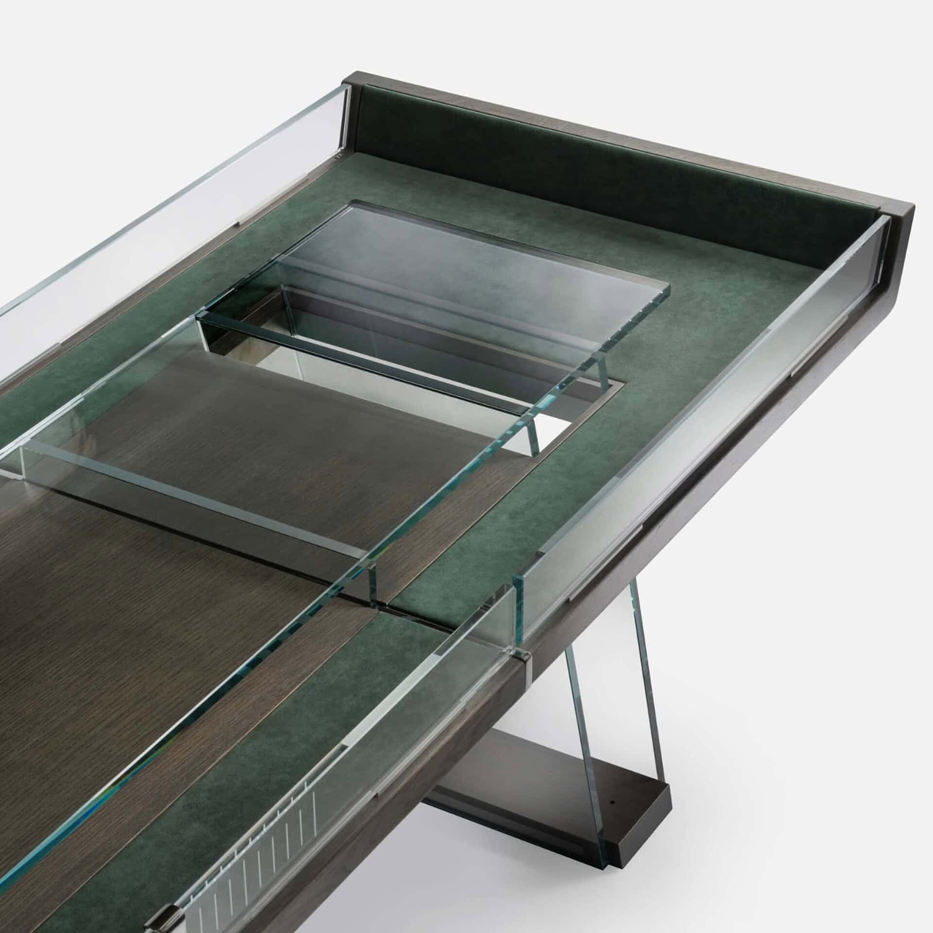 Sleek executive conference table with glass surfaces and modern design, ideal for corporate boardrooms.
