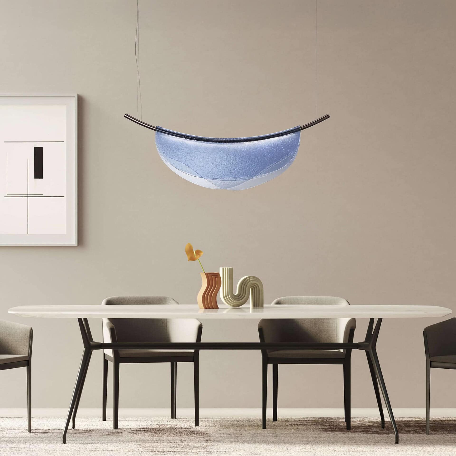 Elegant modern dining room with minimalist furniture and stylish chandelier lighting.