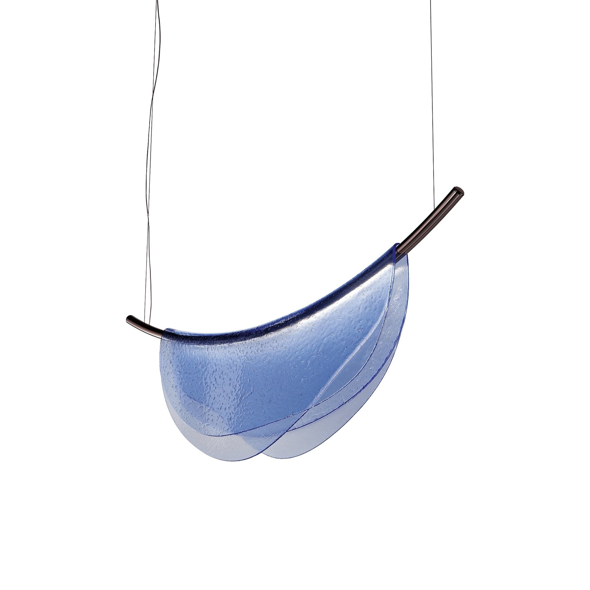 Blue glass hanging sculpture with metal accents, modern artistic home decor.