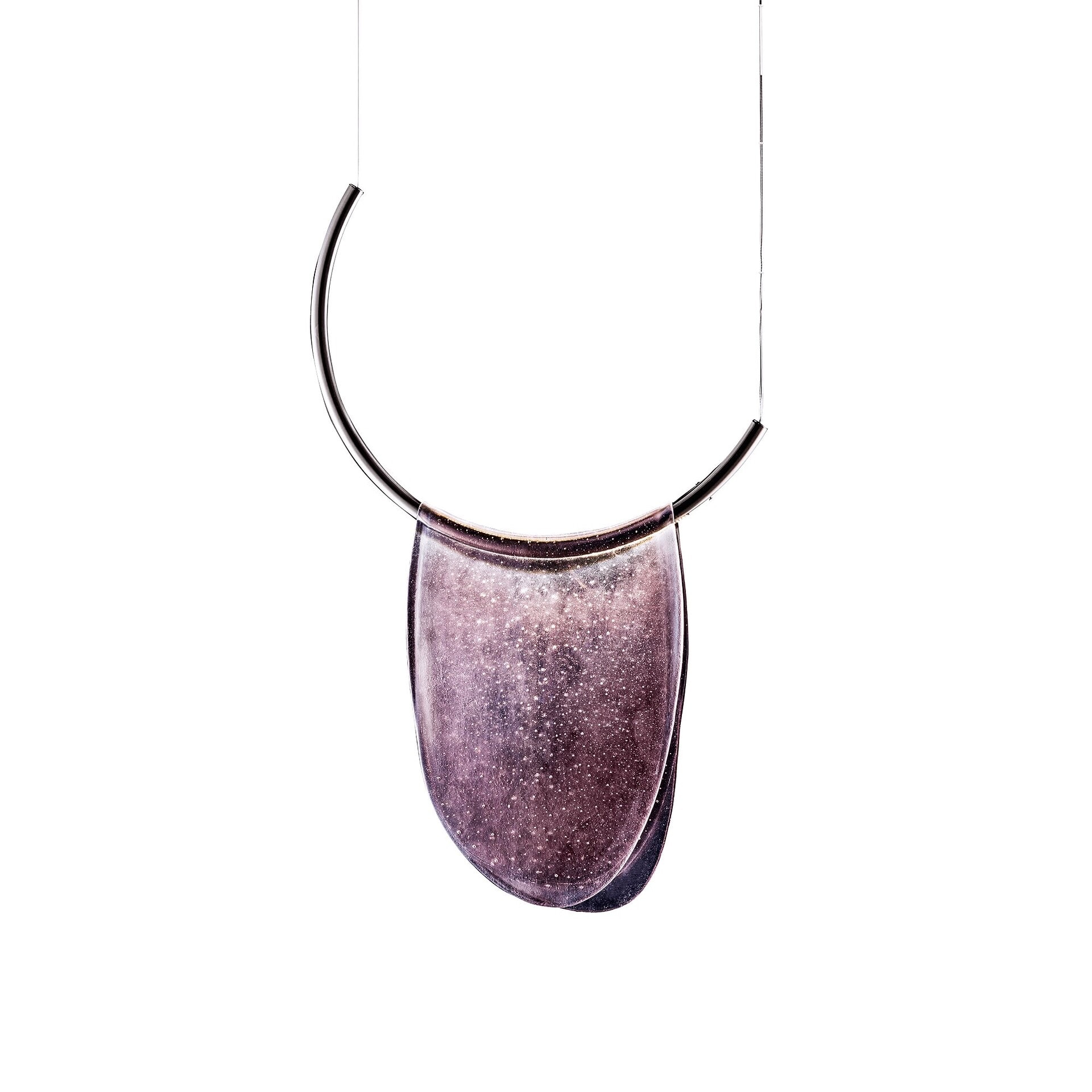 Elegant galaxy-inspired glass pendant necklace with sleek metal accents.