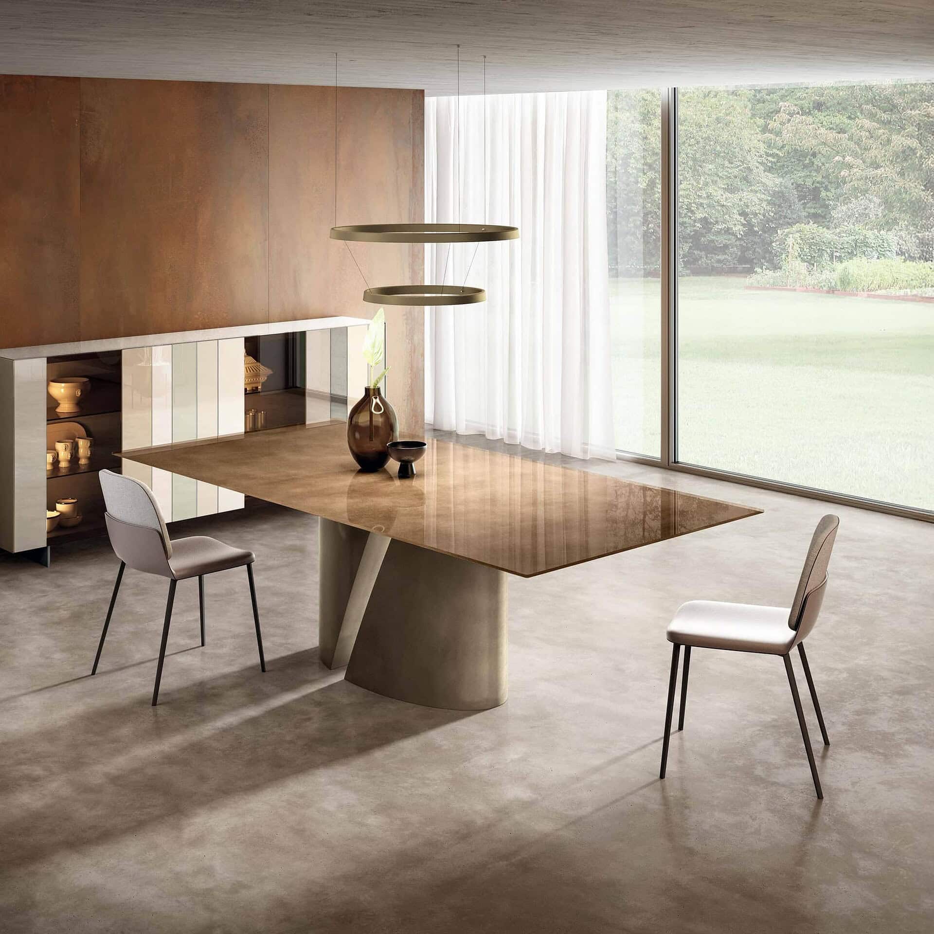 Contemporary dining room with a sleek wooden table, modern chairs, and minimalist decor, highlighting high-end furniture.