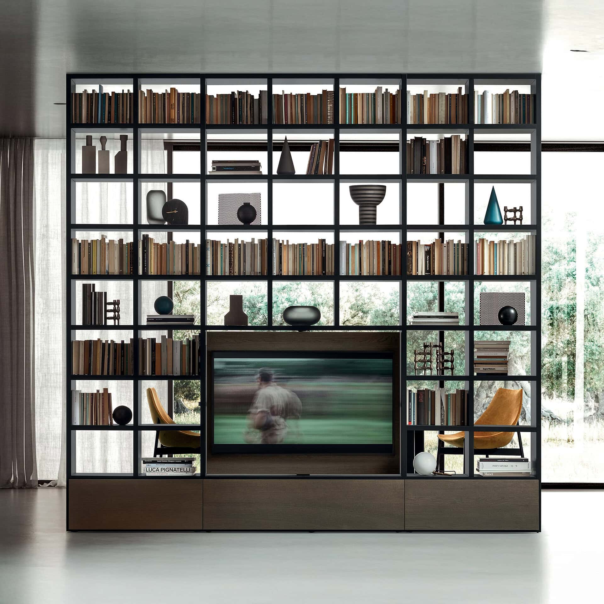Stylish black and wood bookshelf with books and decor items, ideal for contemporary home organization.