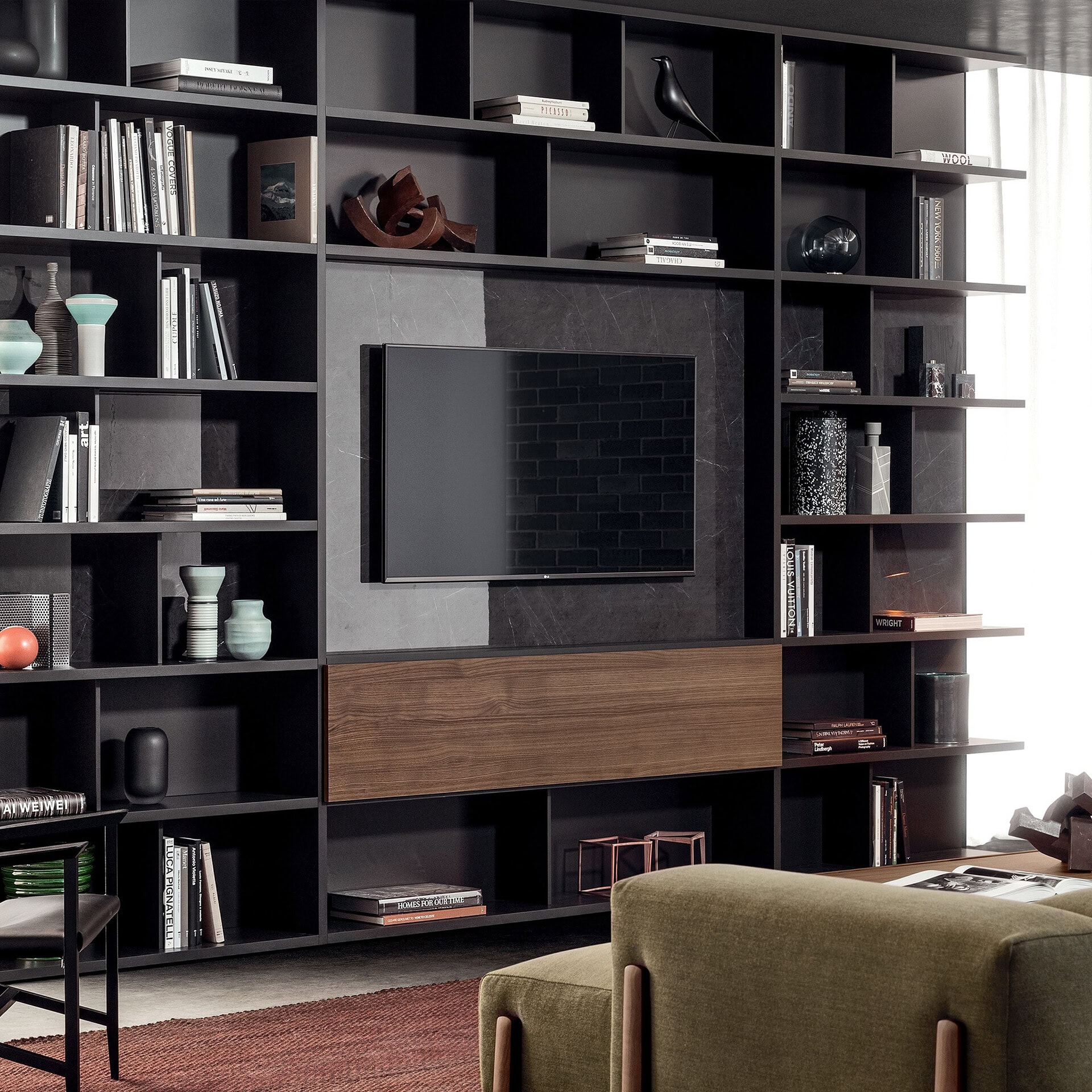 Elegant contemporary media console with open shelving and sleek design for stylish living rooms.