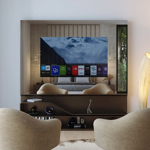 Elegant modern living room with upgraded entertainment wall featuring sleek TV setup and stylish shelving from Sklar Furnishings.