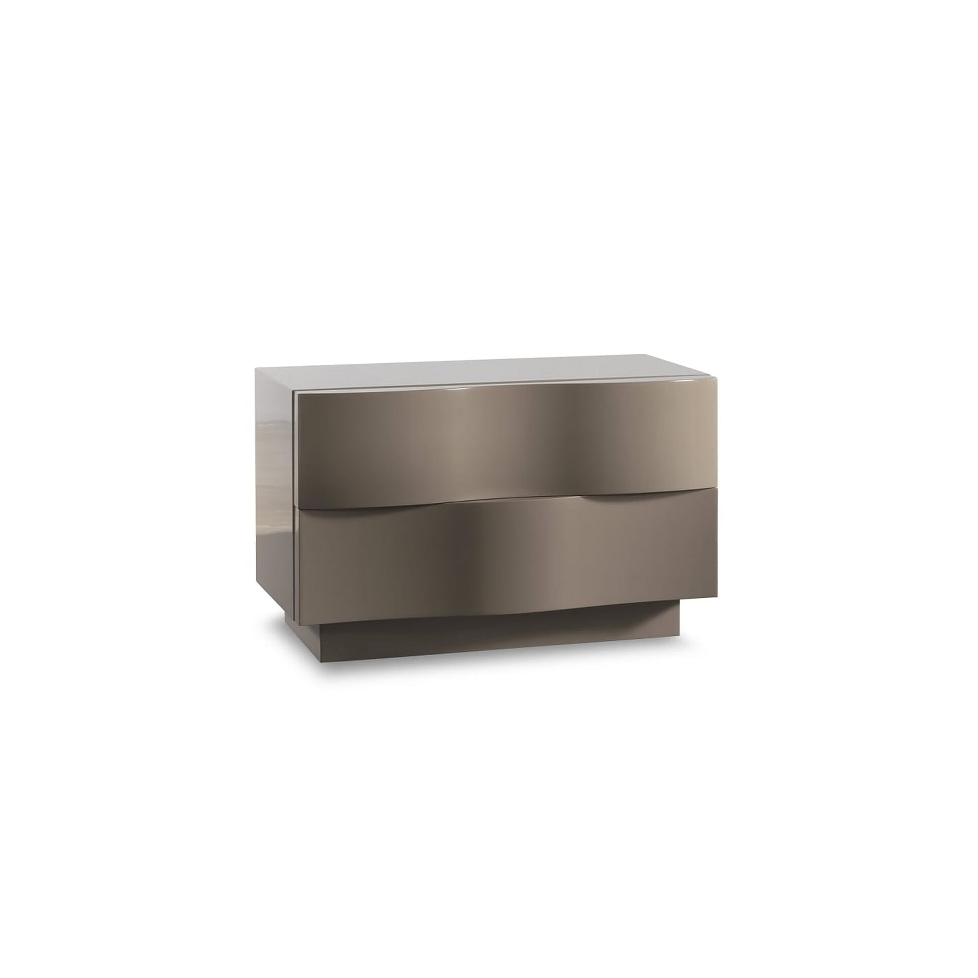 Sleek modern nightstand with glossy taupe finish and wave-shaped drawer fronts.
