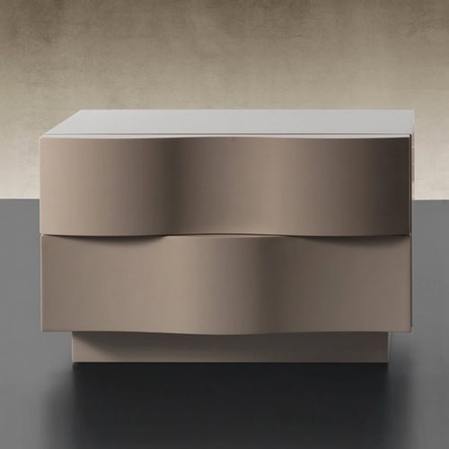 Sleek modern beige two-drawer nightstand with curved drawer fronts and minimalist design.