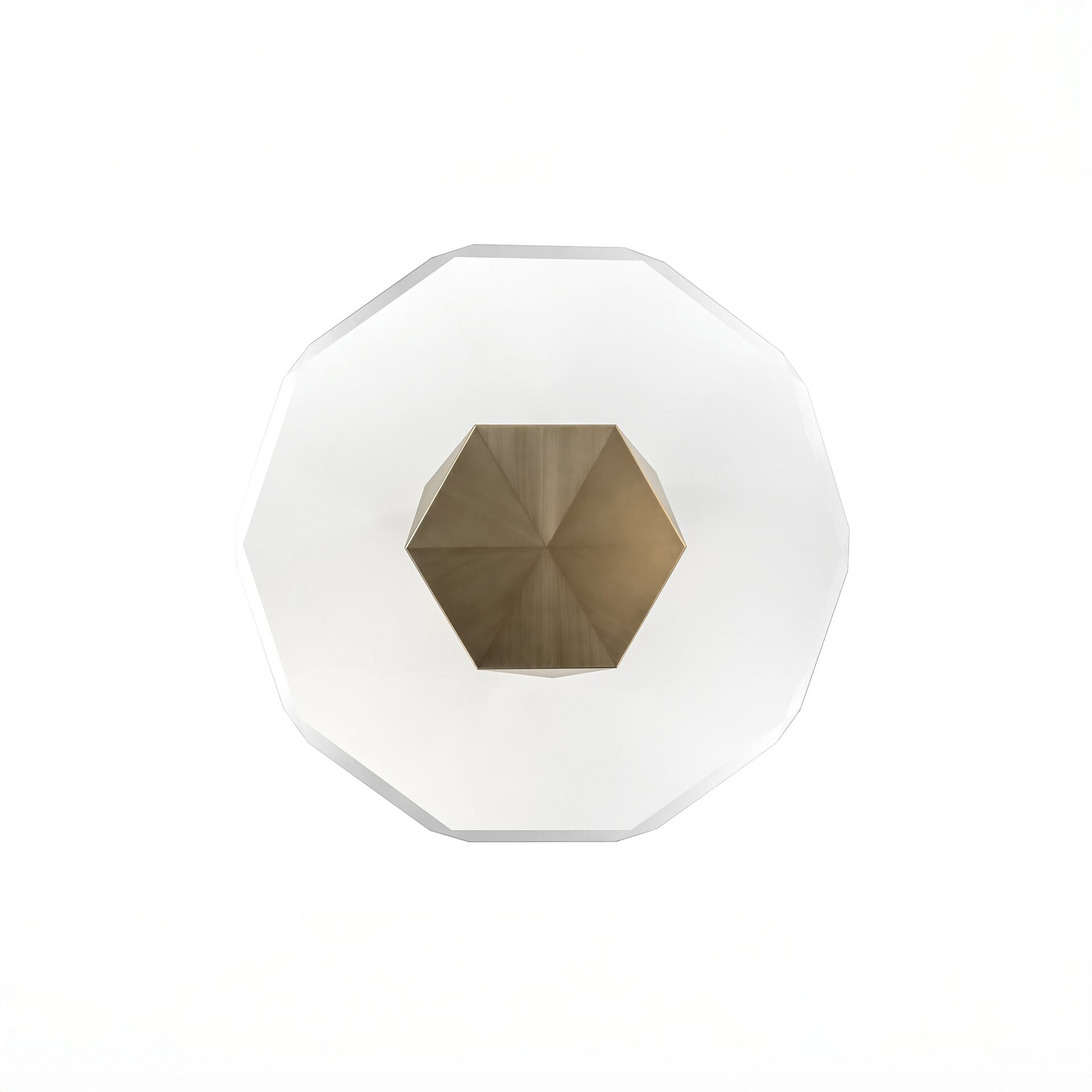 Modern geometric pendant light fixture with brass accents and white acrylic shade.