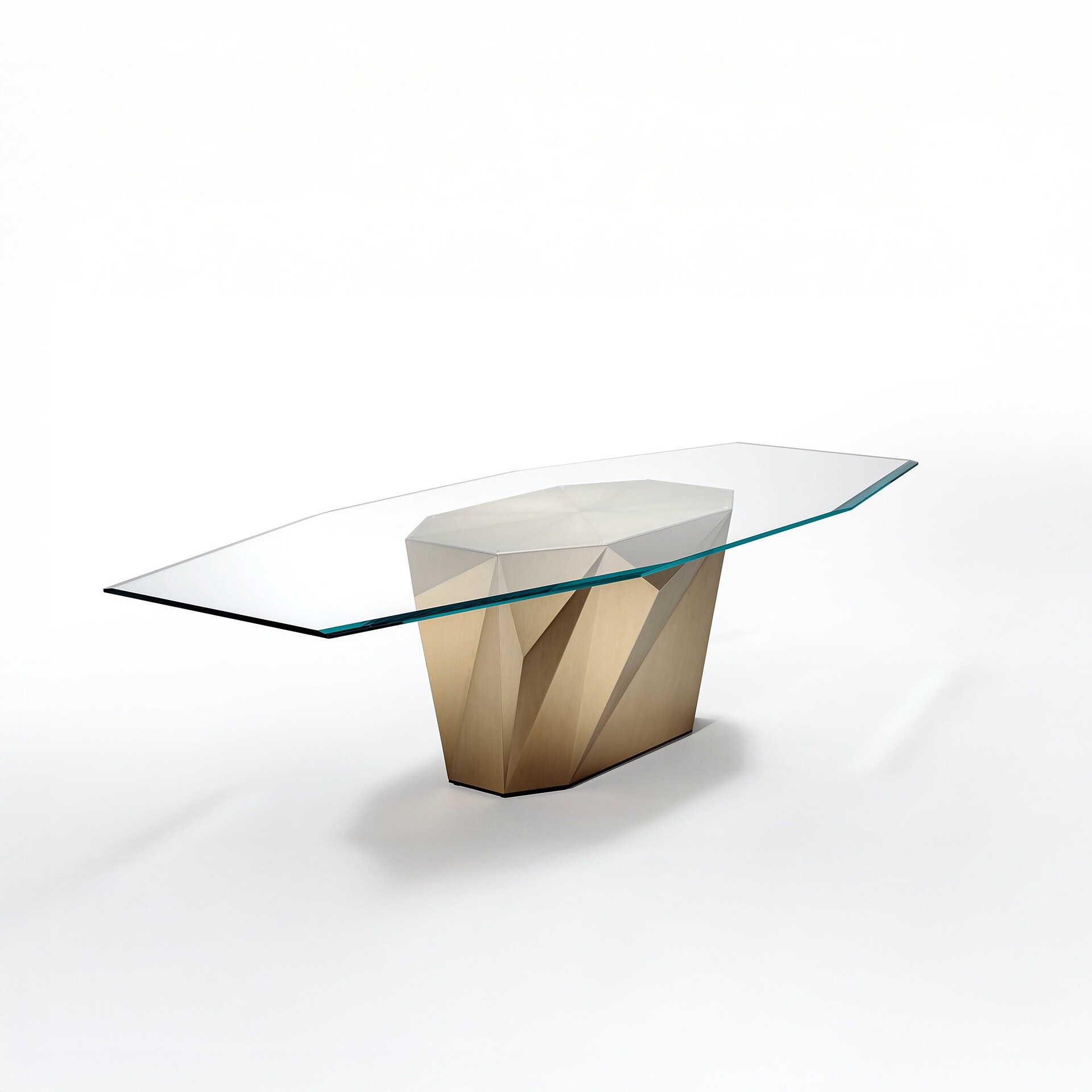 Glass top modern dining table with wooden geometric base, luxury furniture design, Sklar Furnishings.
