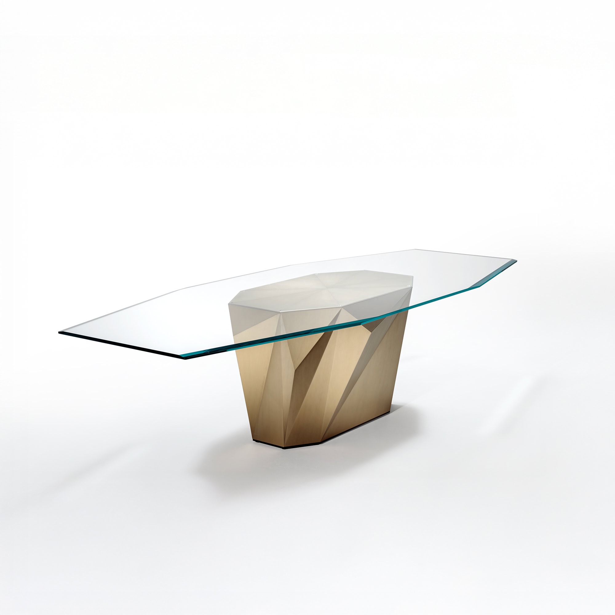 Glass top modern dining table with wooden geometric base, luxury furniture design, Sklar Furnishings.