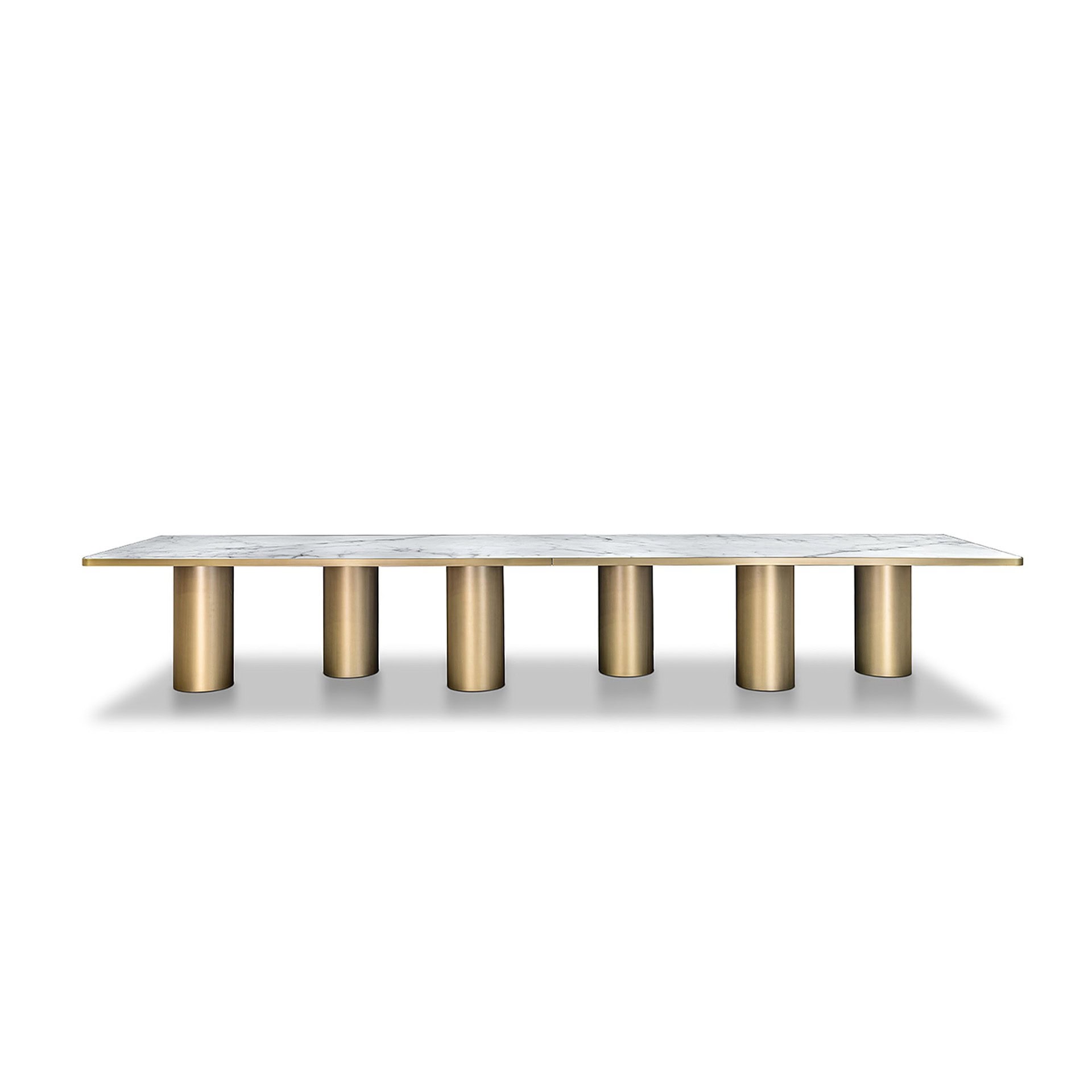 Marble and gold modern sofa table with cylindrical legs by Sklar Furnishings.