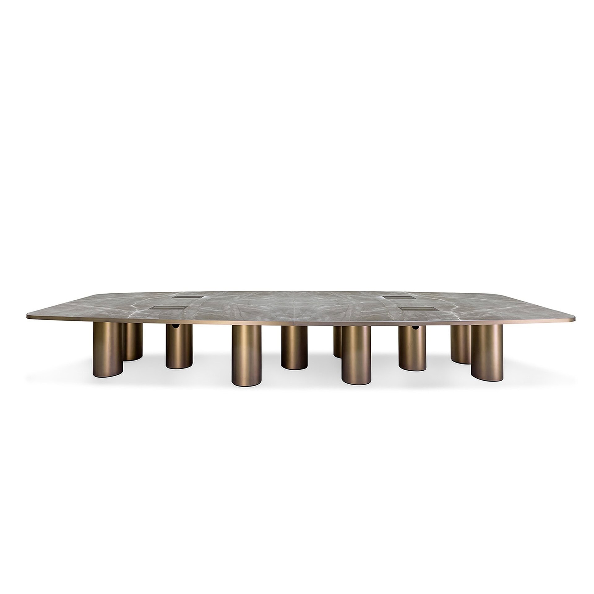 Luxury modern conference table with sculptural bronze base and marble top.