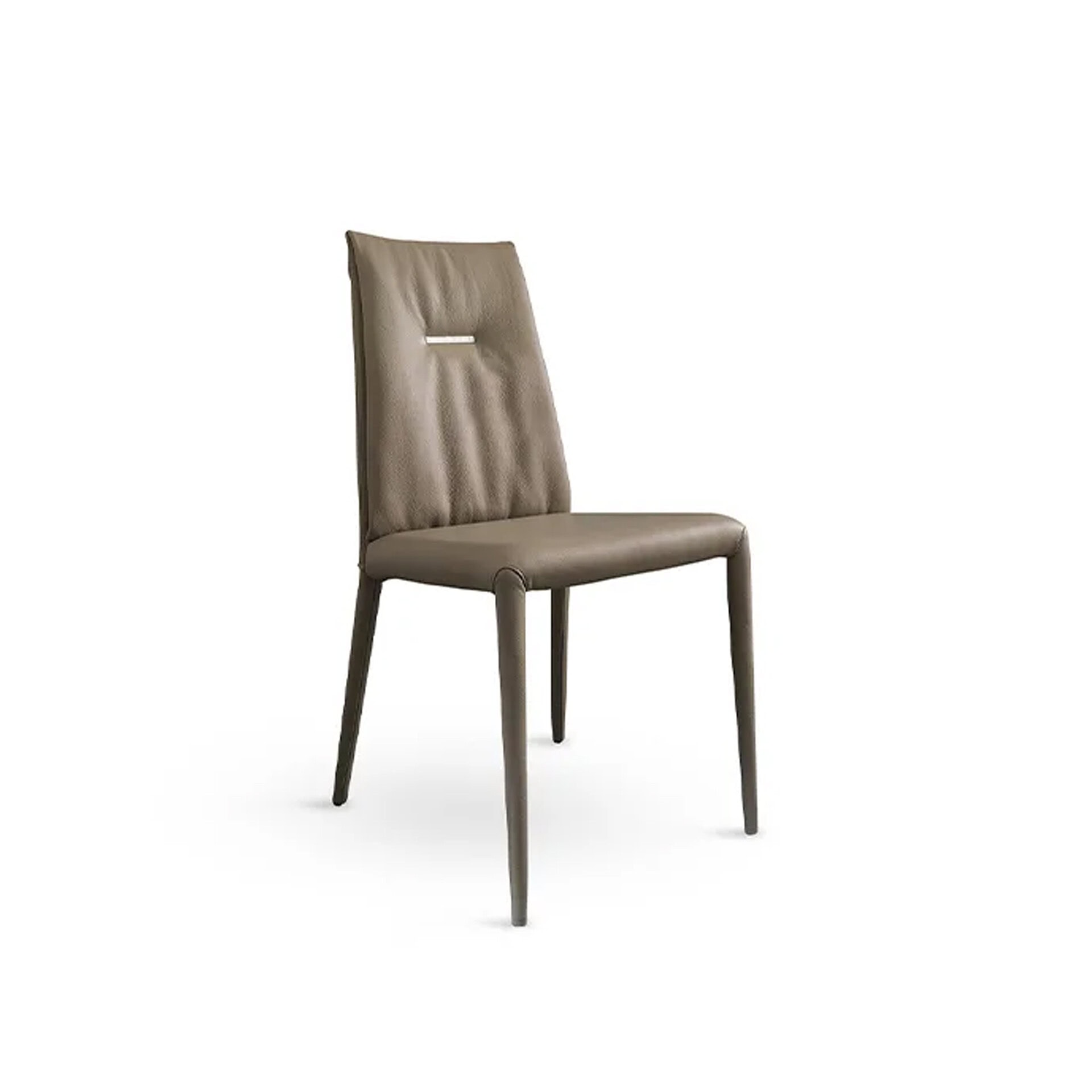 A modern taupe leather dining chair with a high backrest featuring a horizontal slit detail, and slender matching legs, on a white background.