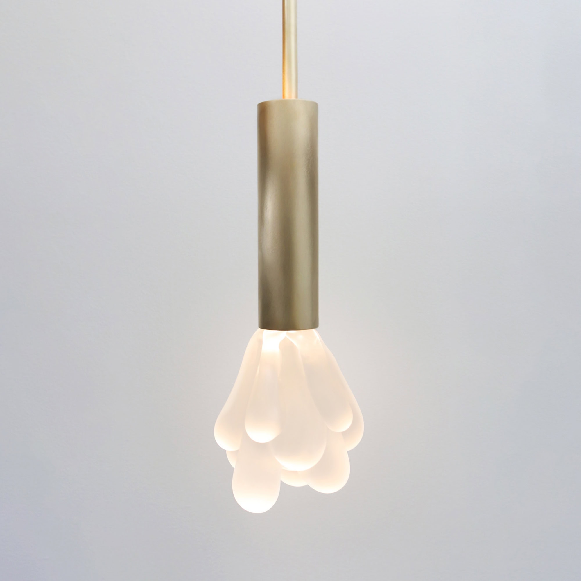 Elegant modern pendant light fixture with frosted glass petals and brushed gold finish.