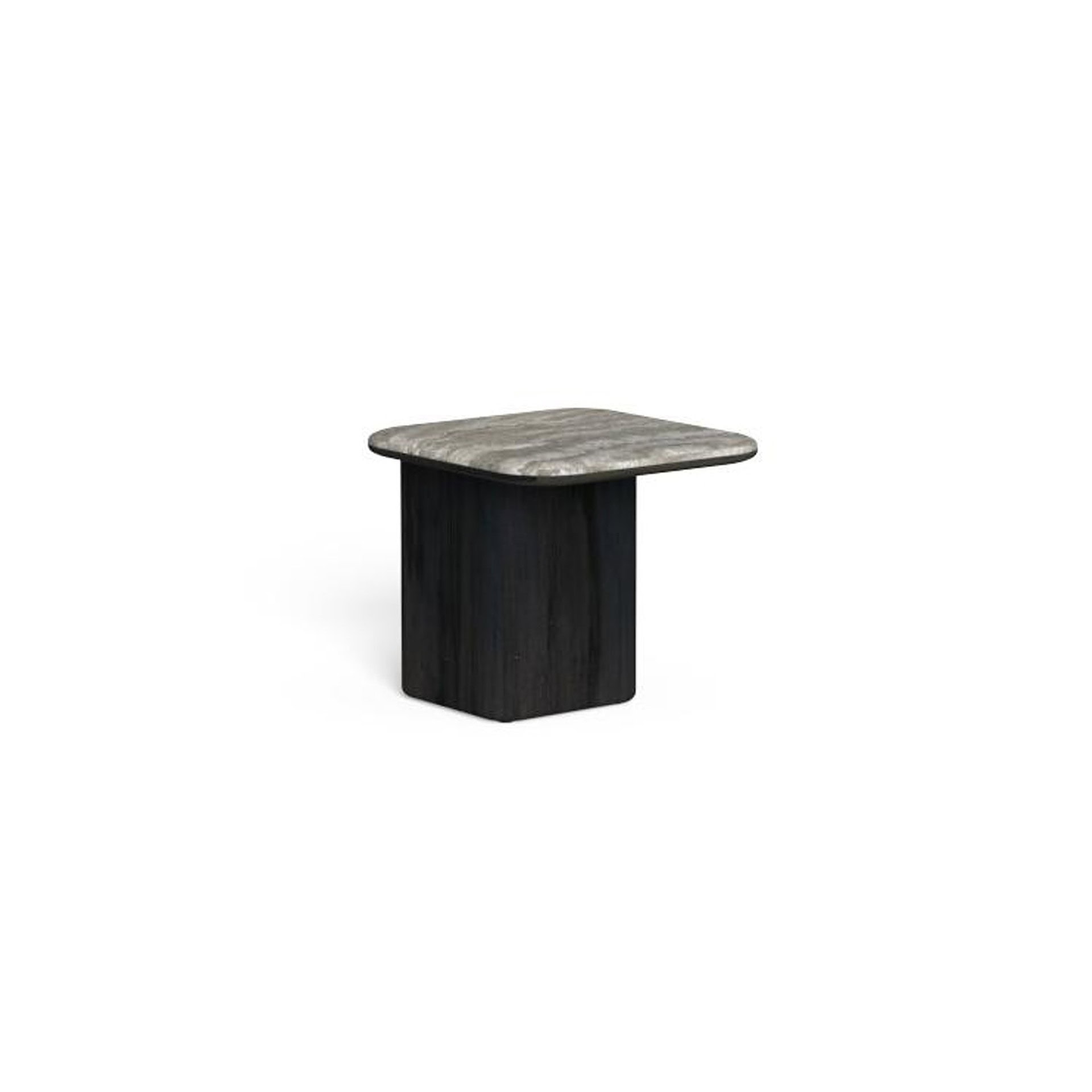 Natural stone top accent table with black wooden base, modern design for stylish living spaces.