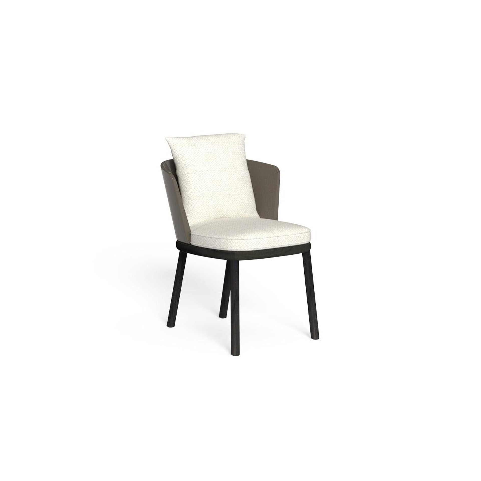 Luxurious upholstered accent chair with beige and dark wood finish, perfect for modern living spaces.