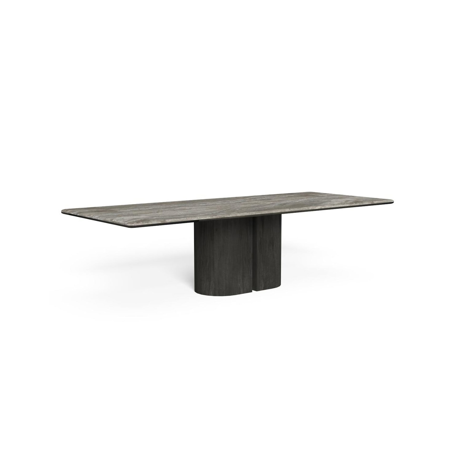 Contemporary dark wood dining table with modern pedestal base, sleek design for stylish interiors.