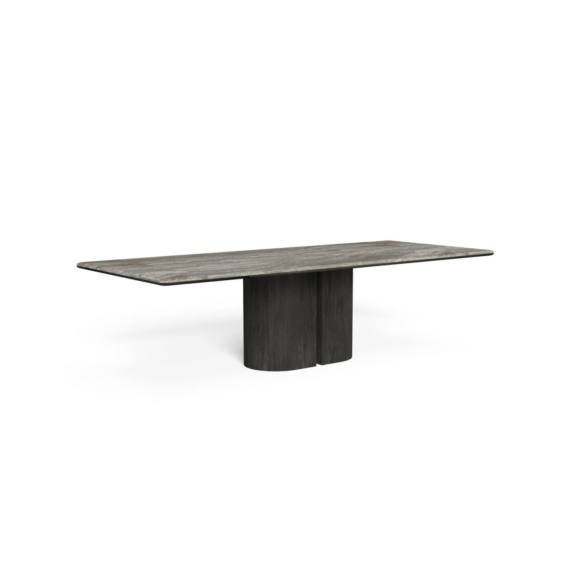 Contemporary dark wood dining table with modern pedestal base, sleek design for stylish interiors.