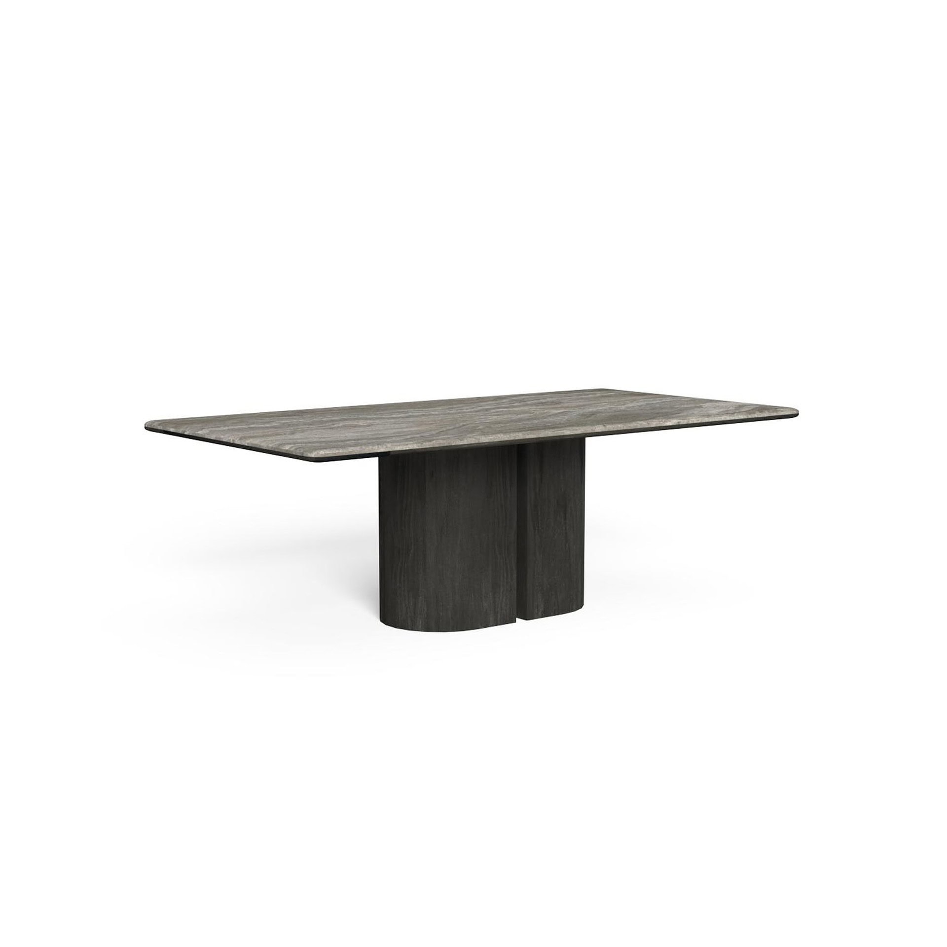 Sleek modern dining table in gray wood finish with unique sculptural base design.