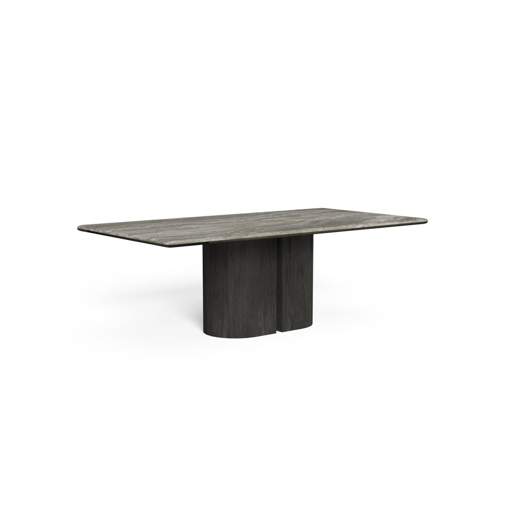 Sleek modern dining table in gray wood finish with unique sculptural base design.