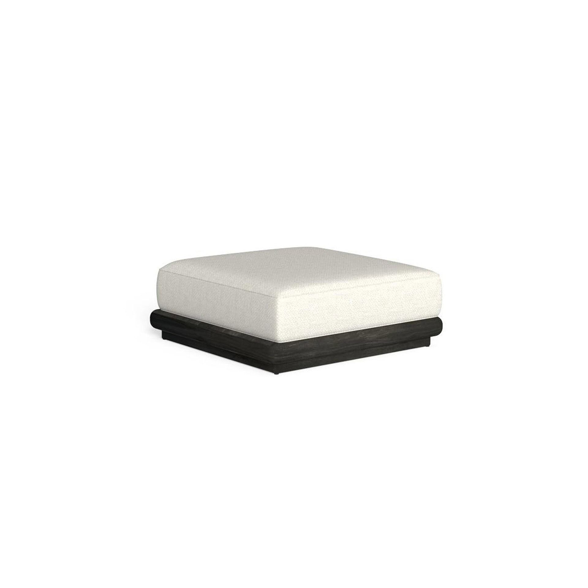 Luxurious white ottoman with dark wood base, modern furniture design, perfect for living room decor.