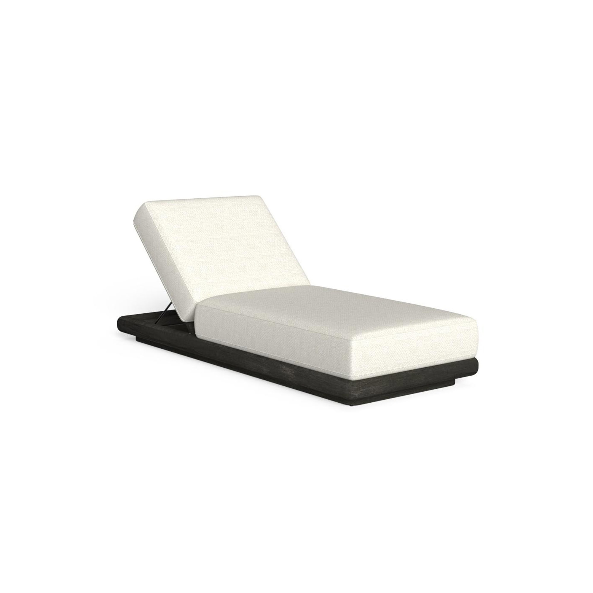 Upholstered lounger with adjustable backrest in neutral fabric, modern black wooden base.