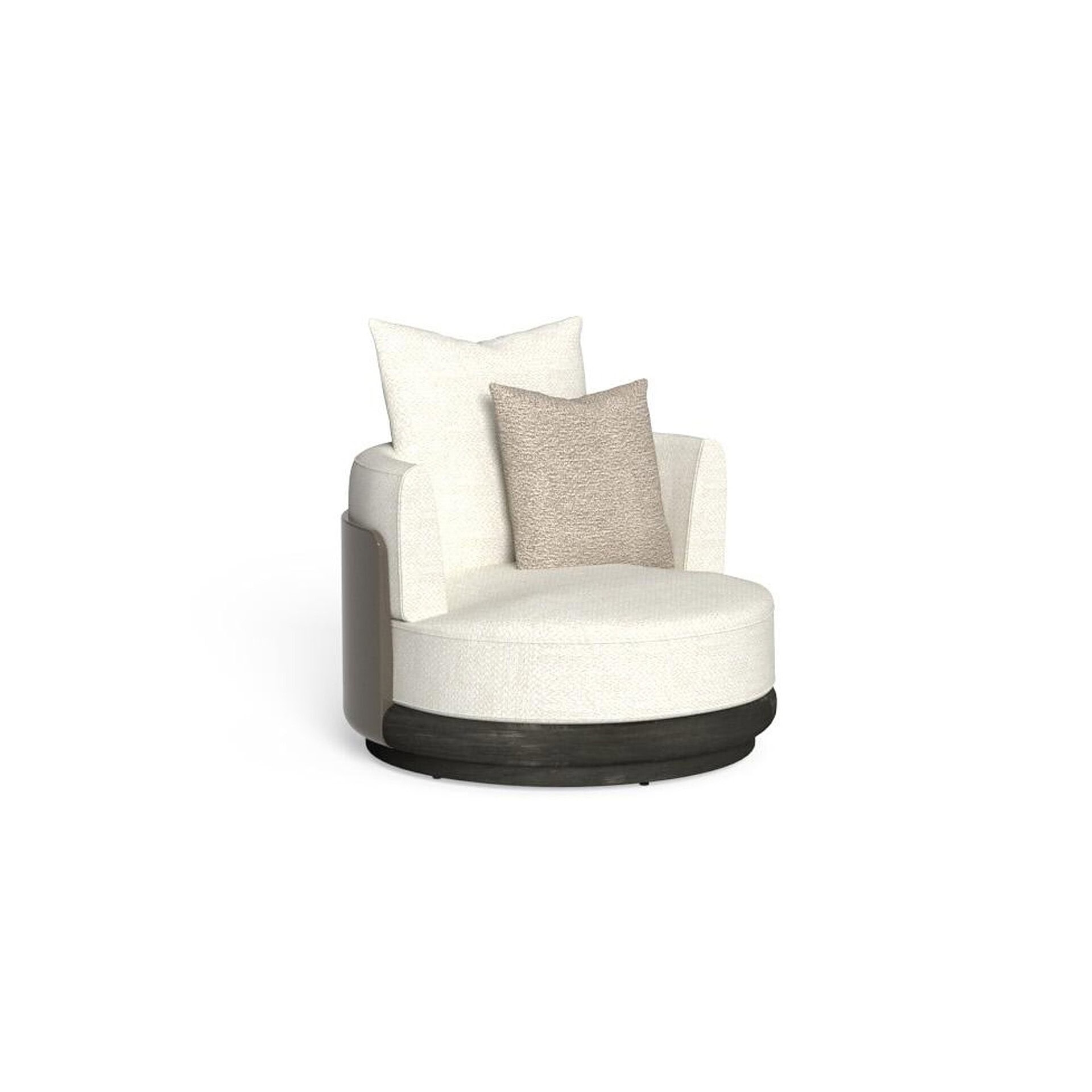 Luxurious modern white round swivel chair with plush cushions and sleek design.