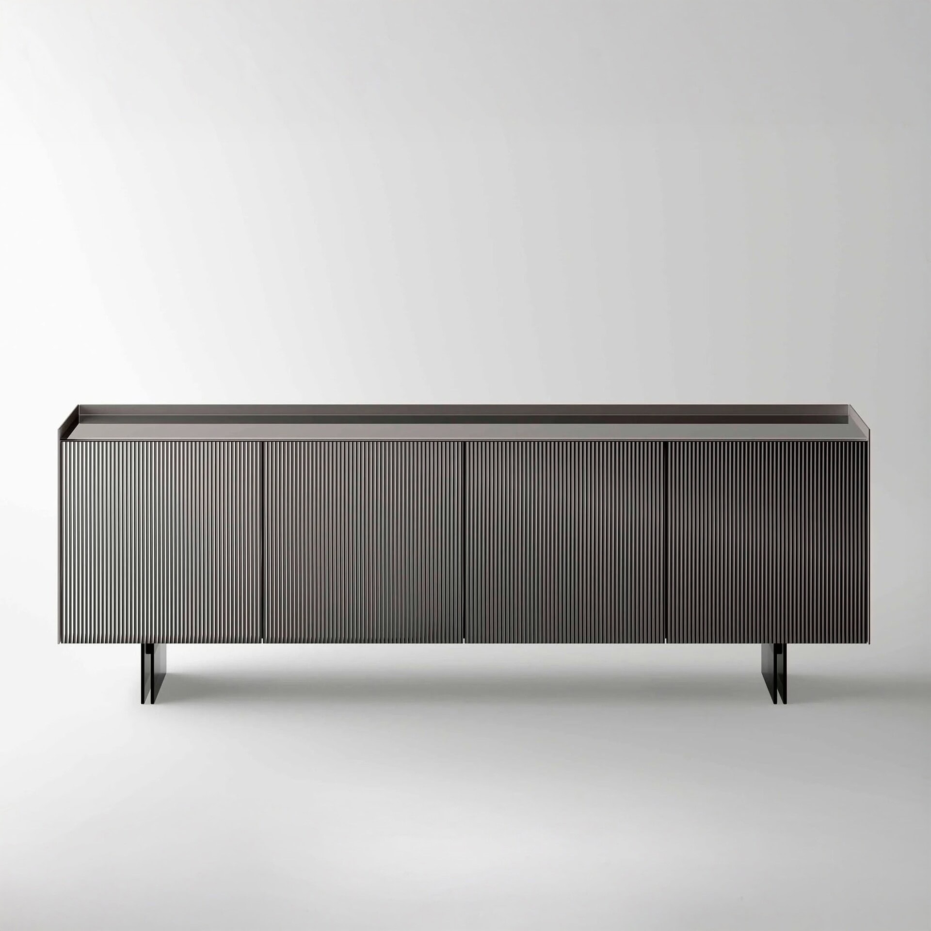 Sleek modern black metal sideboard with textured vertical slat design for contemporary home decor.