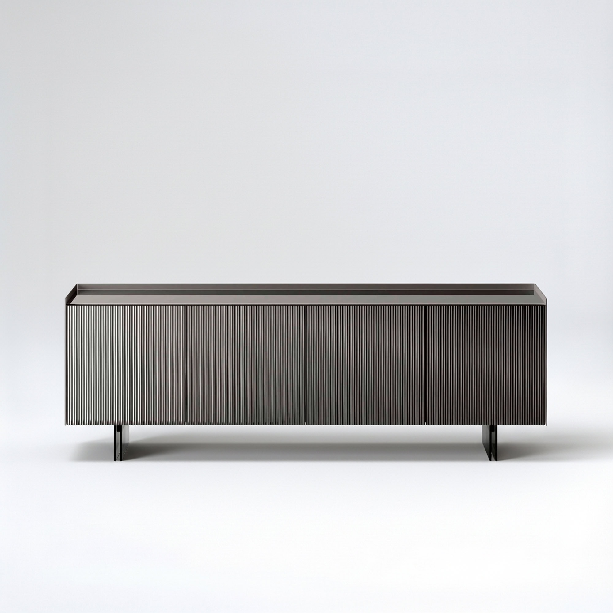 Sleek modern black metal sideboard with textured vertical slat design for contemporary home decor.