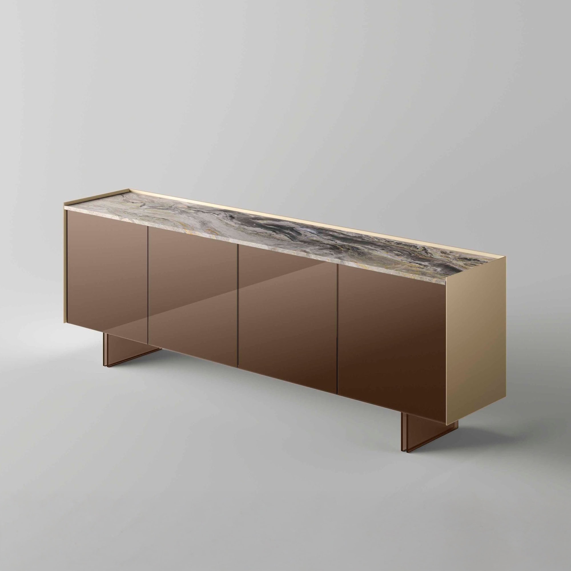 Elegant modern sideboard with marble top and sleek metallic finish, perfect for contemporary living spaces.