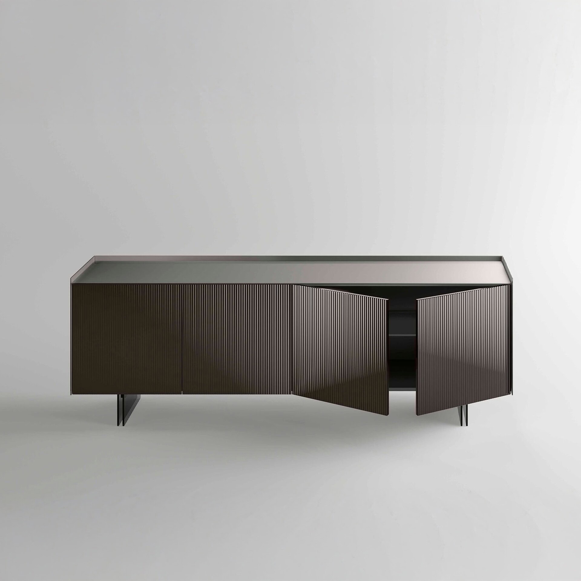 Sleek modern sideboard with textured dark finish and metal legs, stylish storage furniture for contemporary interiors.