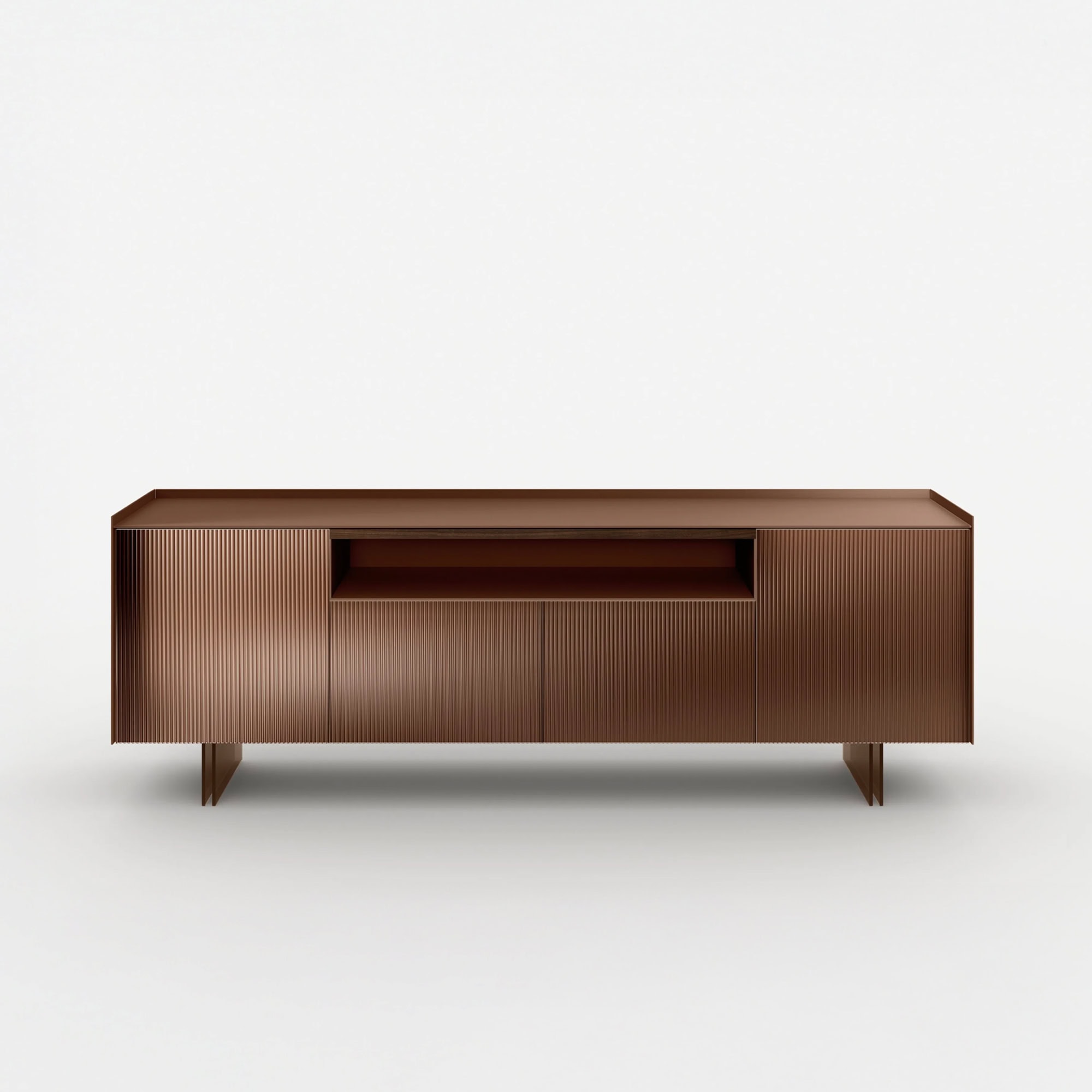 Modern brown wood TV console with ribbed cabinet doors, sleek design.