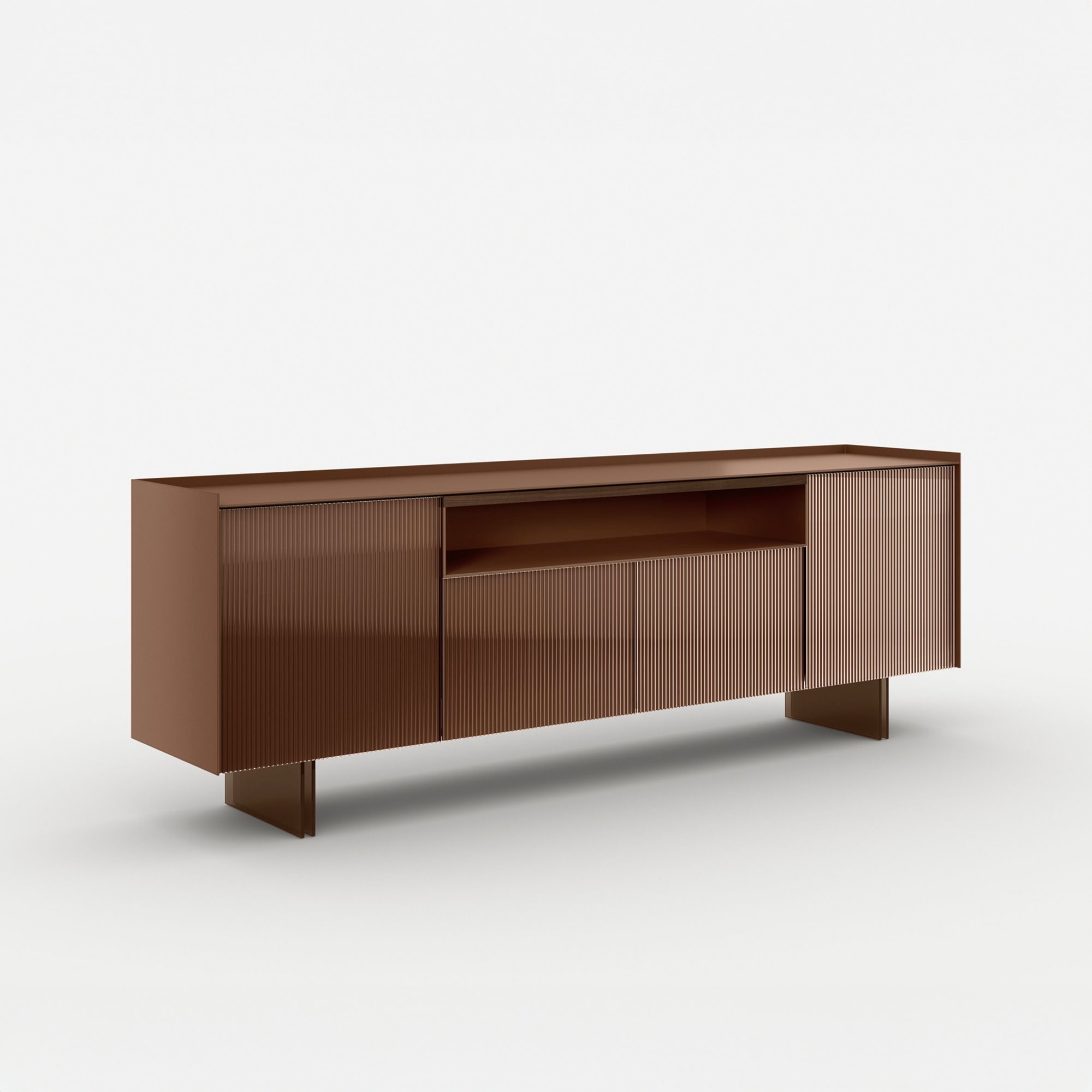 Sleek modern brown sideboard with textured ribbed doors, perfect for contemporary living spaces.