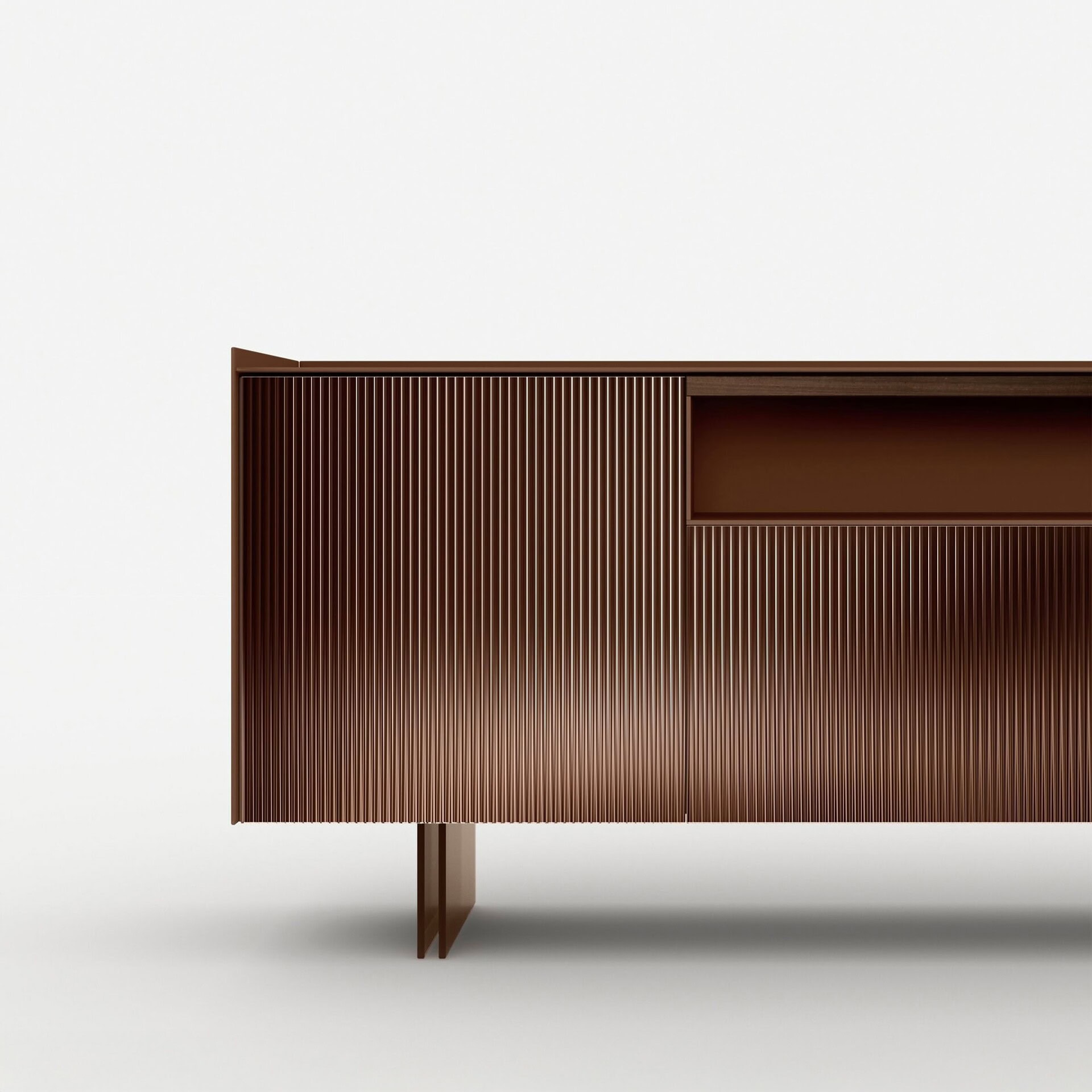 Polished wooden sideboard with ribbed design, modern furniture for living rooms and offices.