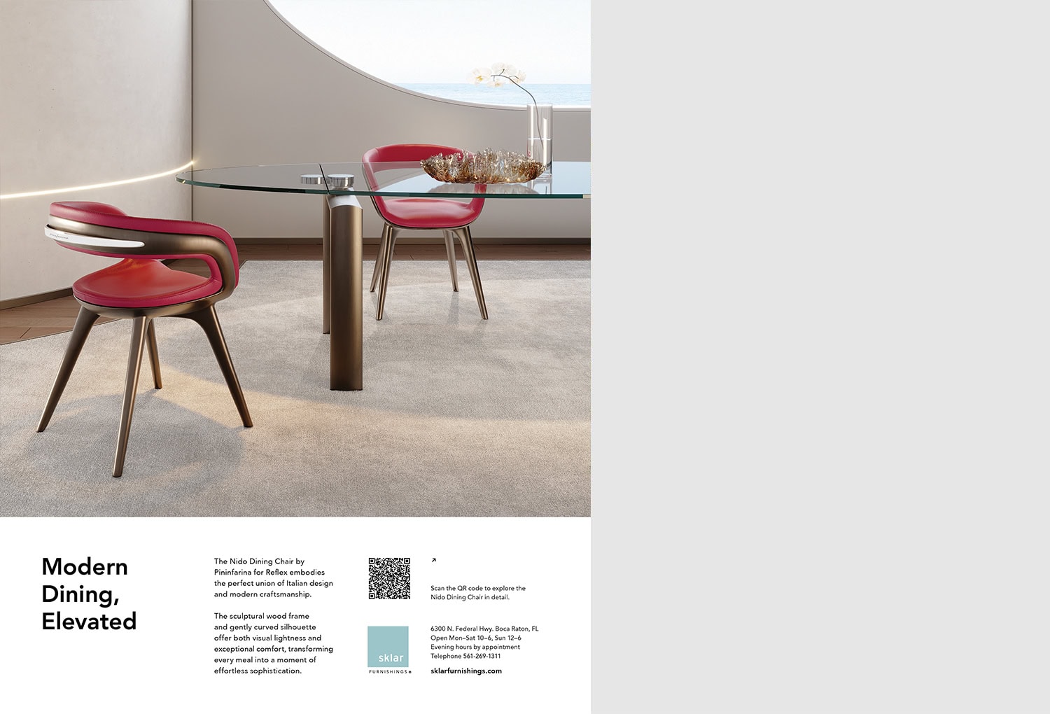 Elegant modern dining table with glass top and stylish red chairs by Sklar Furnishings.