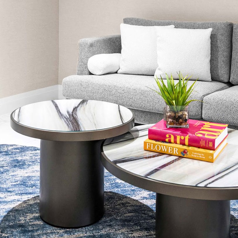 Modern grey sofa with marble-top coffee tables, decorative books, and a green plant in a glass vase.