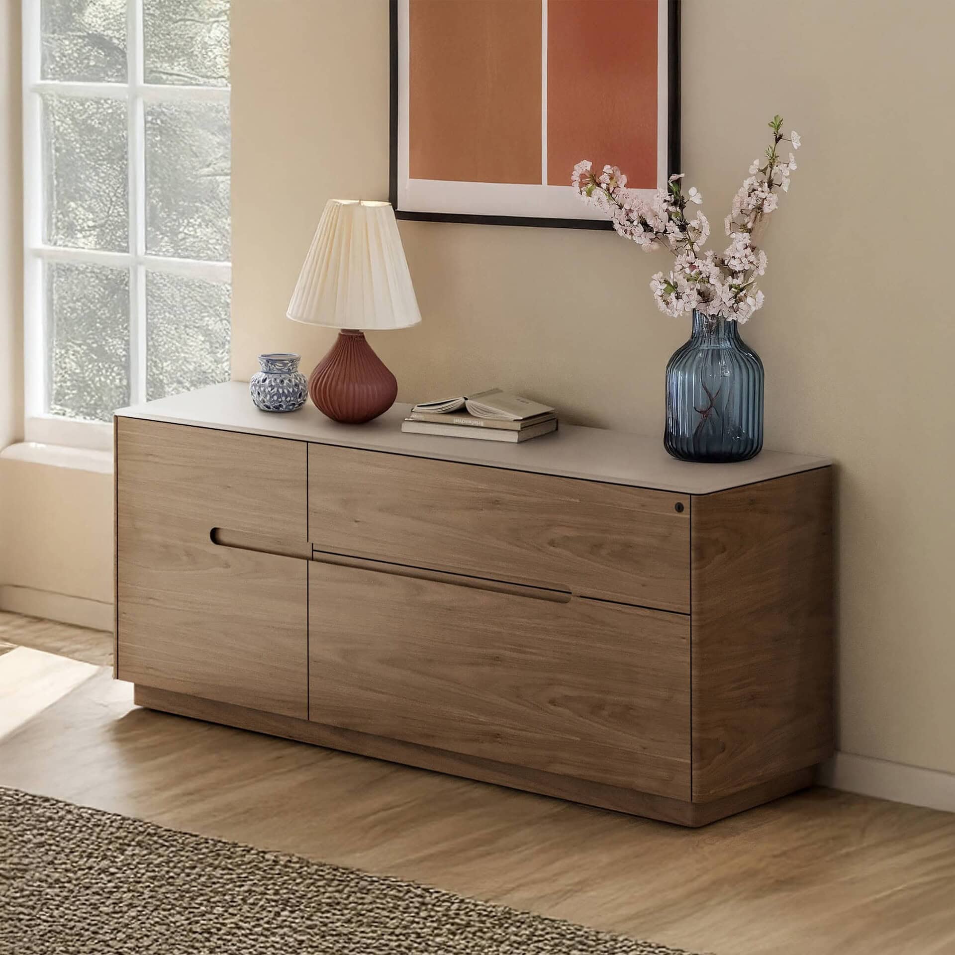 Sleek modern wooden buffet with minimalist design, perfect for contemporary dining spaces.