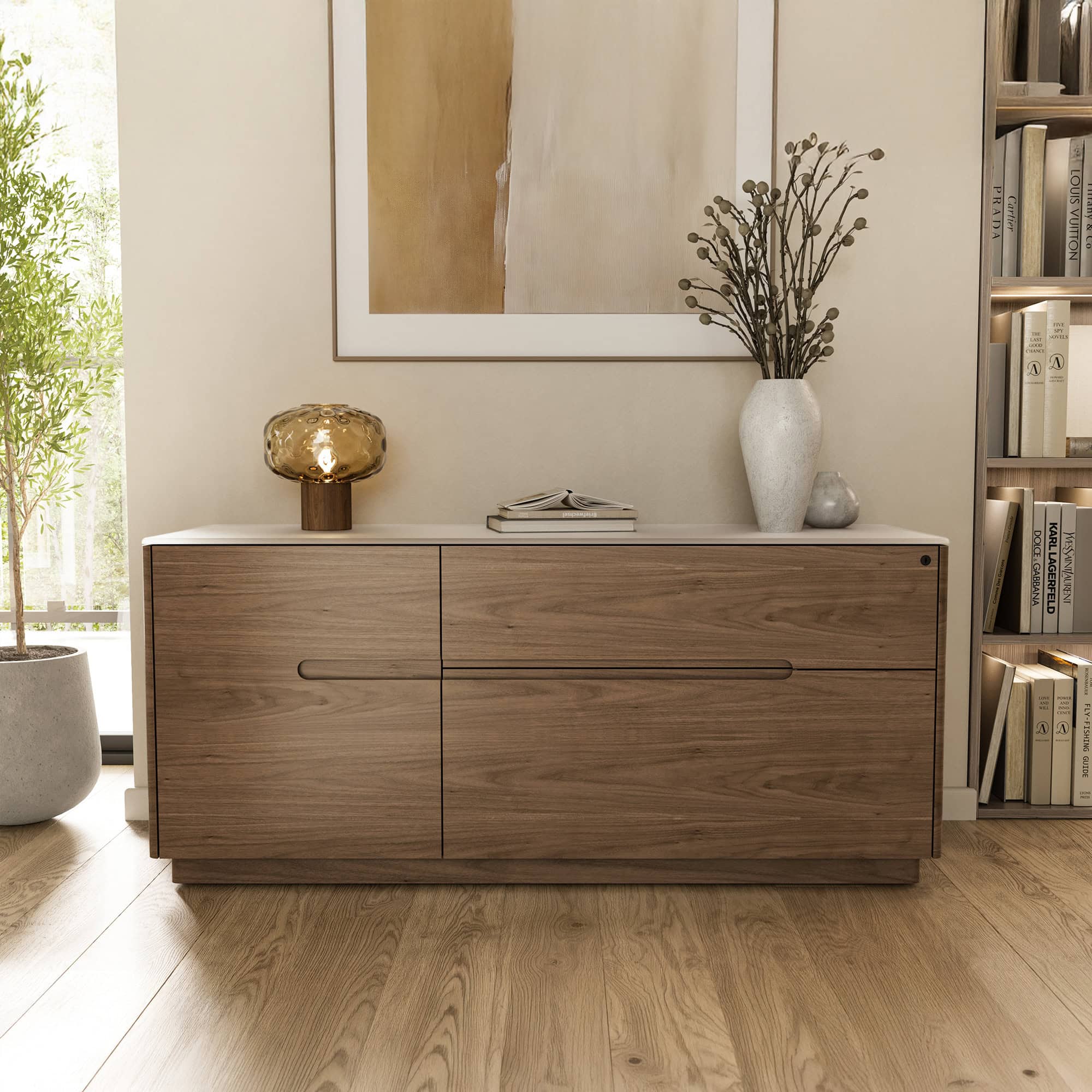 Contemporary wooden sideboard with natural finish, perfect for modern living room decor.