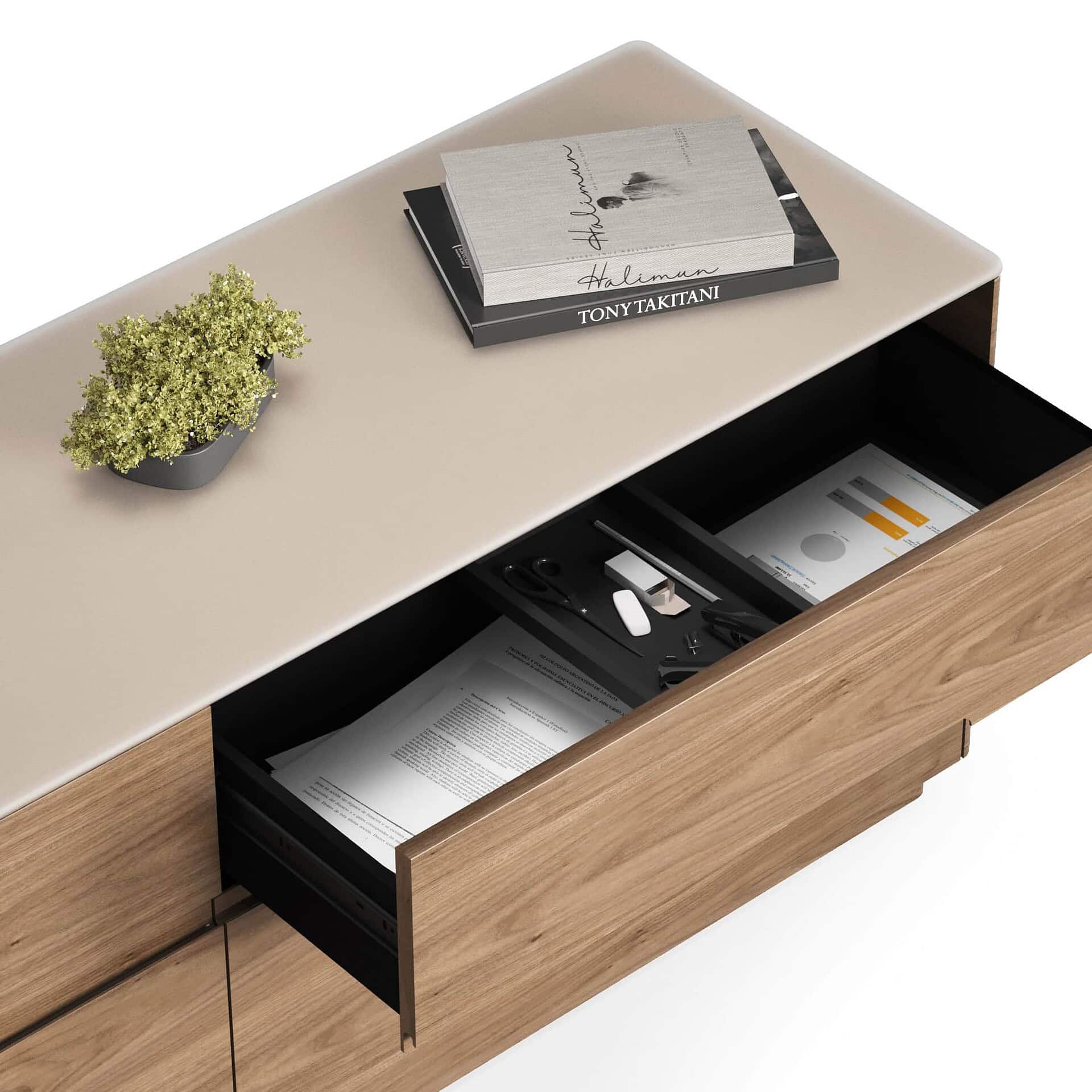 Sleek modern wooden sideboard with a beige top, black interior compartments, and stylish decor.