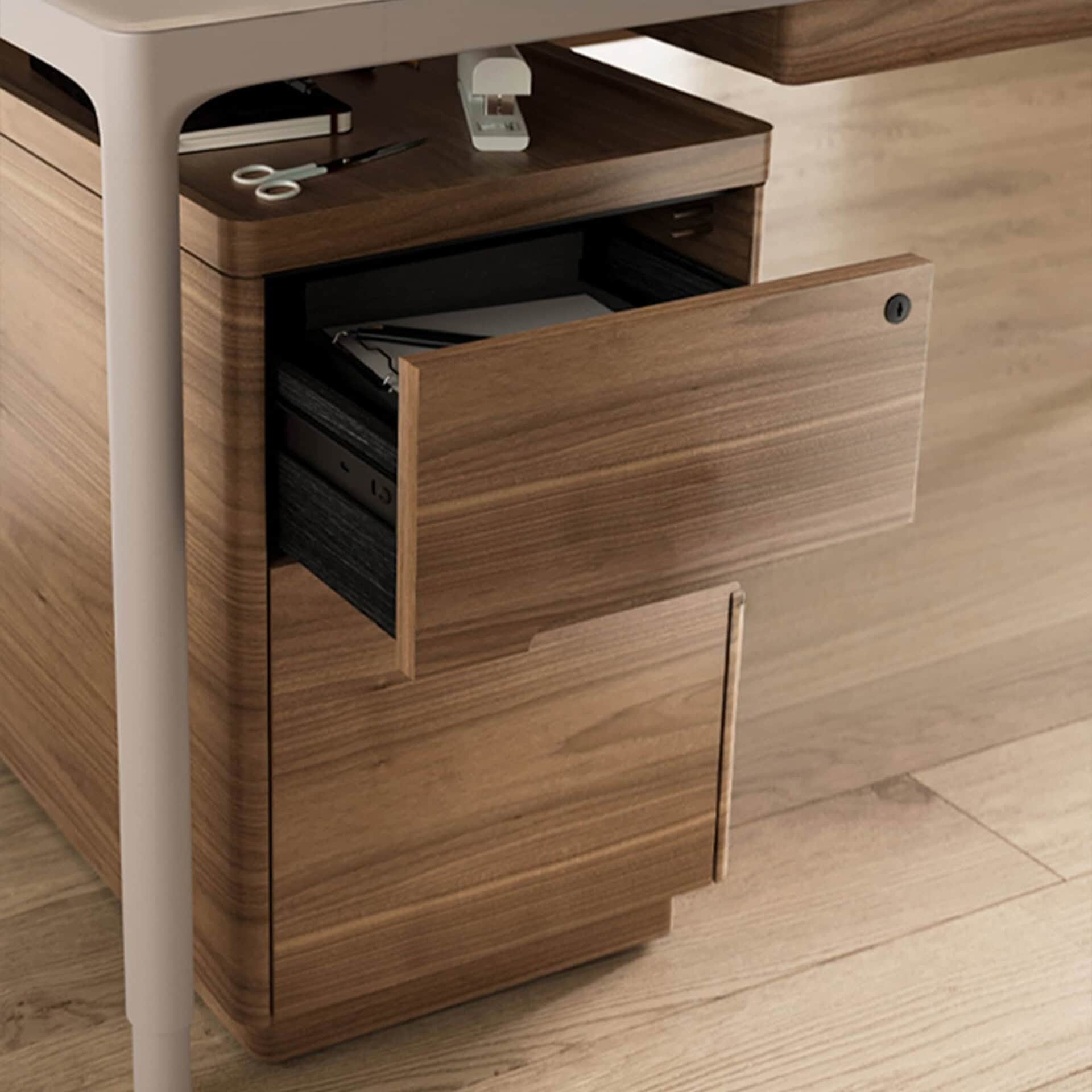 Sleek wooden office drawer with open compartment and modern design for workspace organization.
