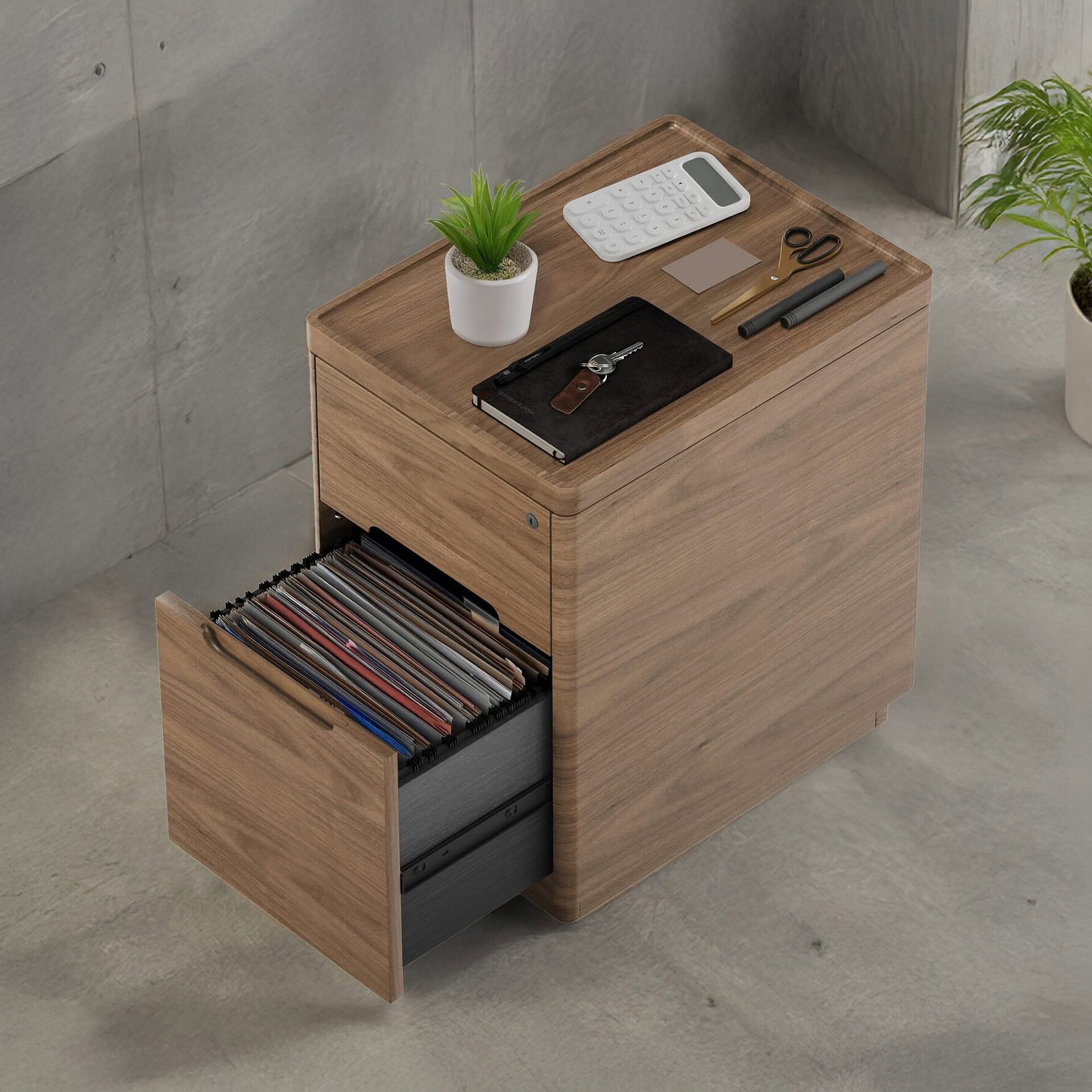 1. Modern wooden filing cabinet with open drawer for document storage.