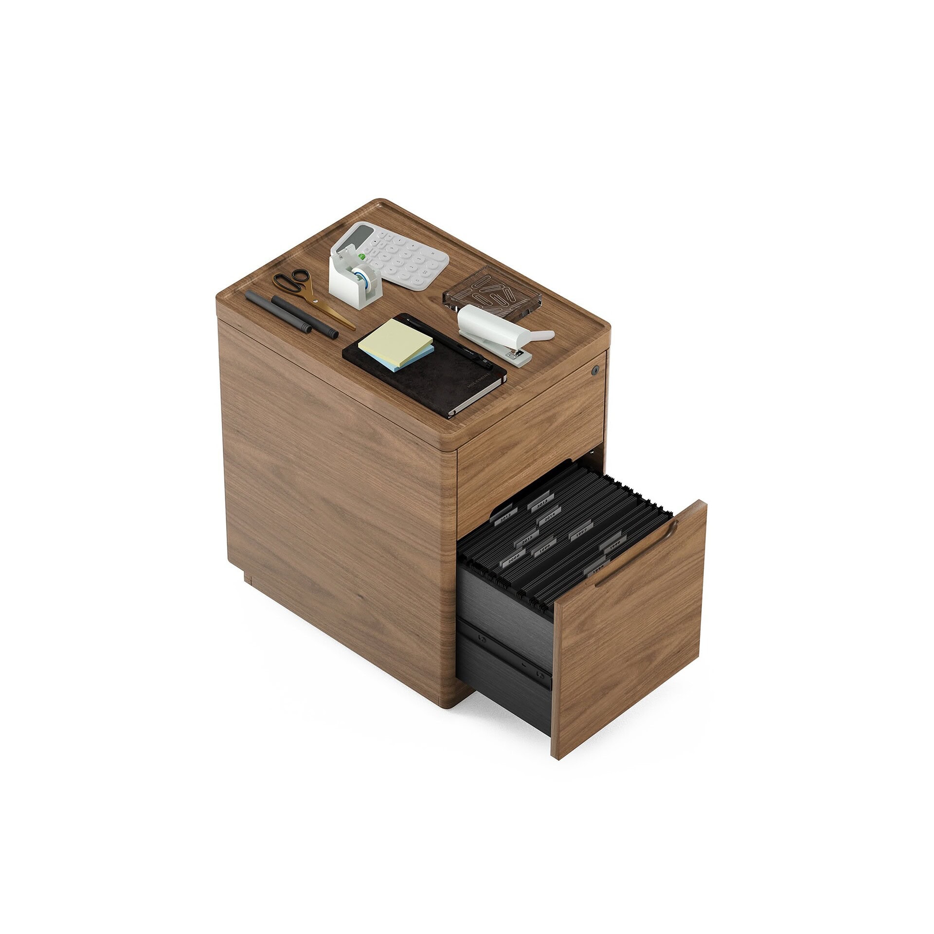 Sleek wooden office storage with organized filing drawer and top desk accessories.