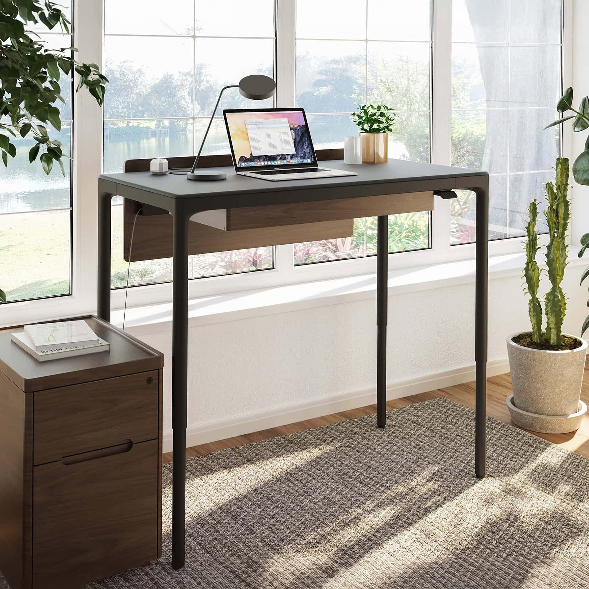 Modern workspace desk with wood and metal design, ideal for home offices and productivity.
