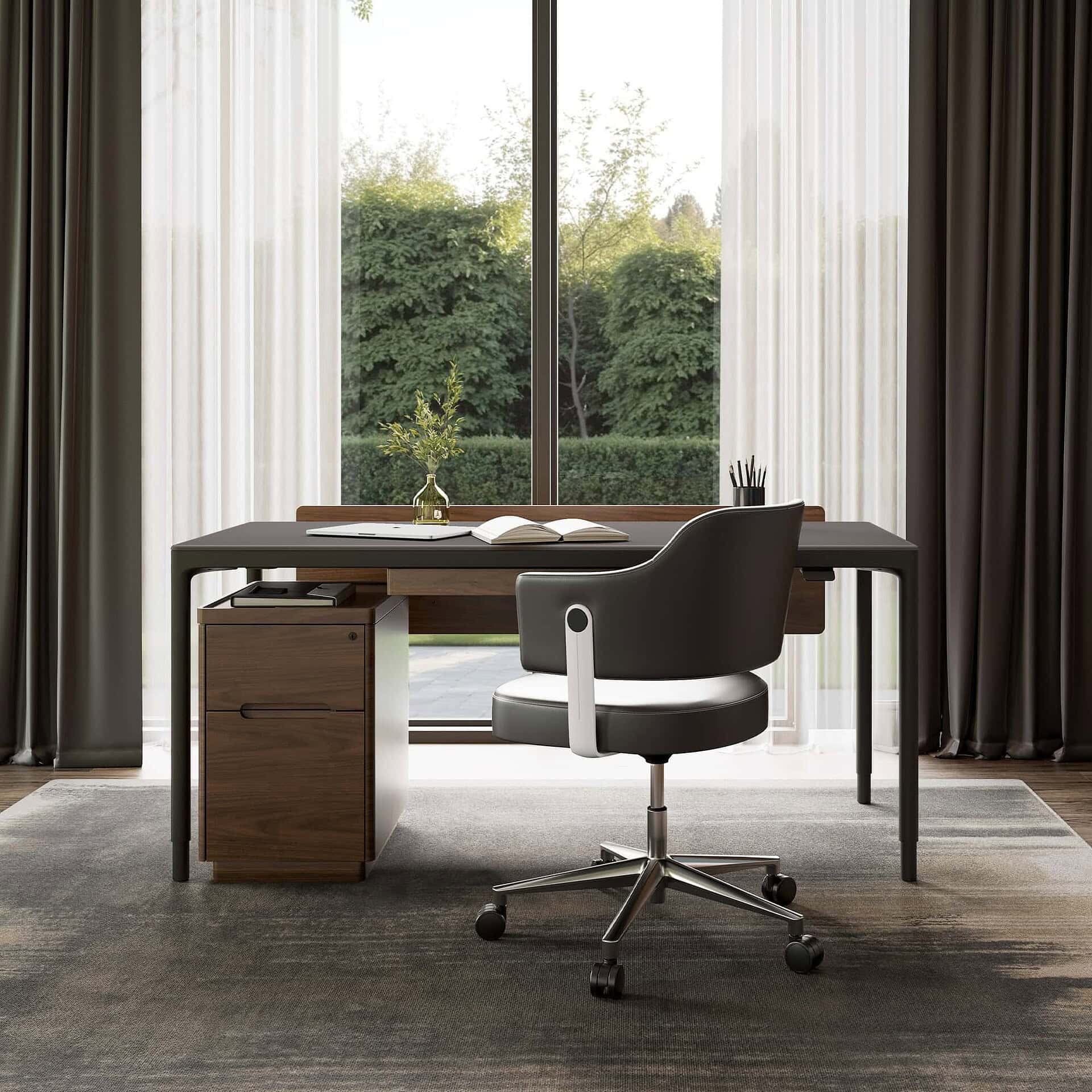 Modern office desk with wooden accents and ergonomic chair, perfect for professional workspaces.