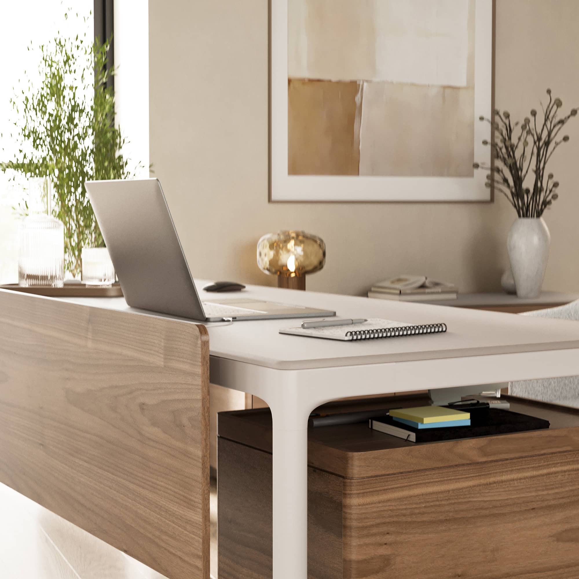 Sleek modern desk with mixed wood and white finish, perfect for contemporary home office decor.