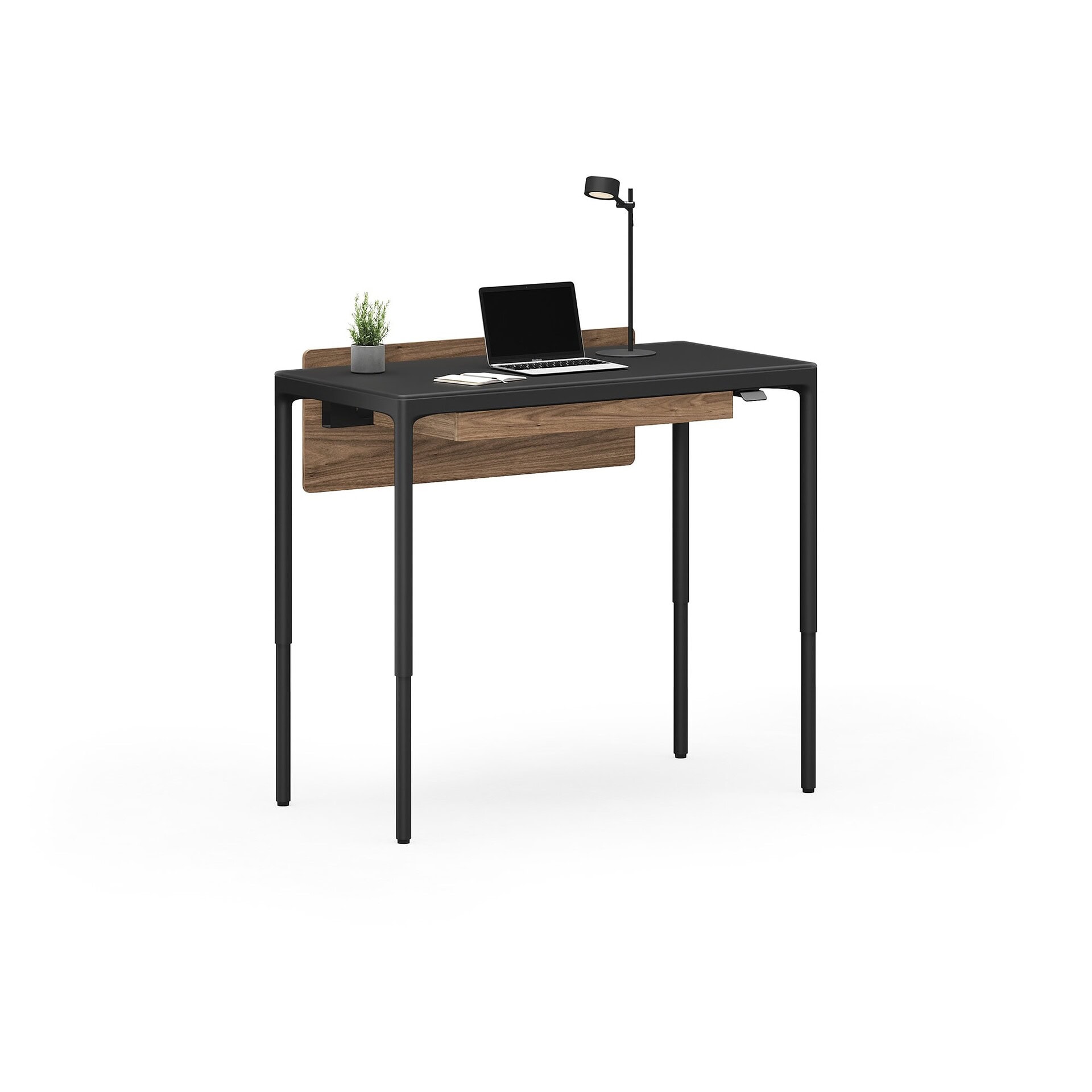 Modern black and wood home office desk with slim metal legs and an integrated wooden backrest.