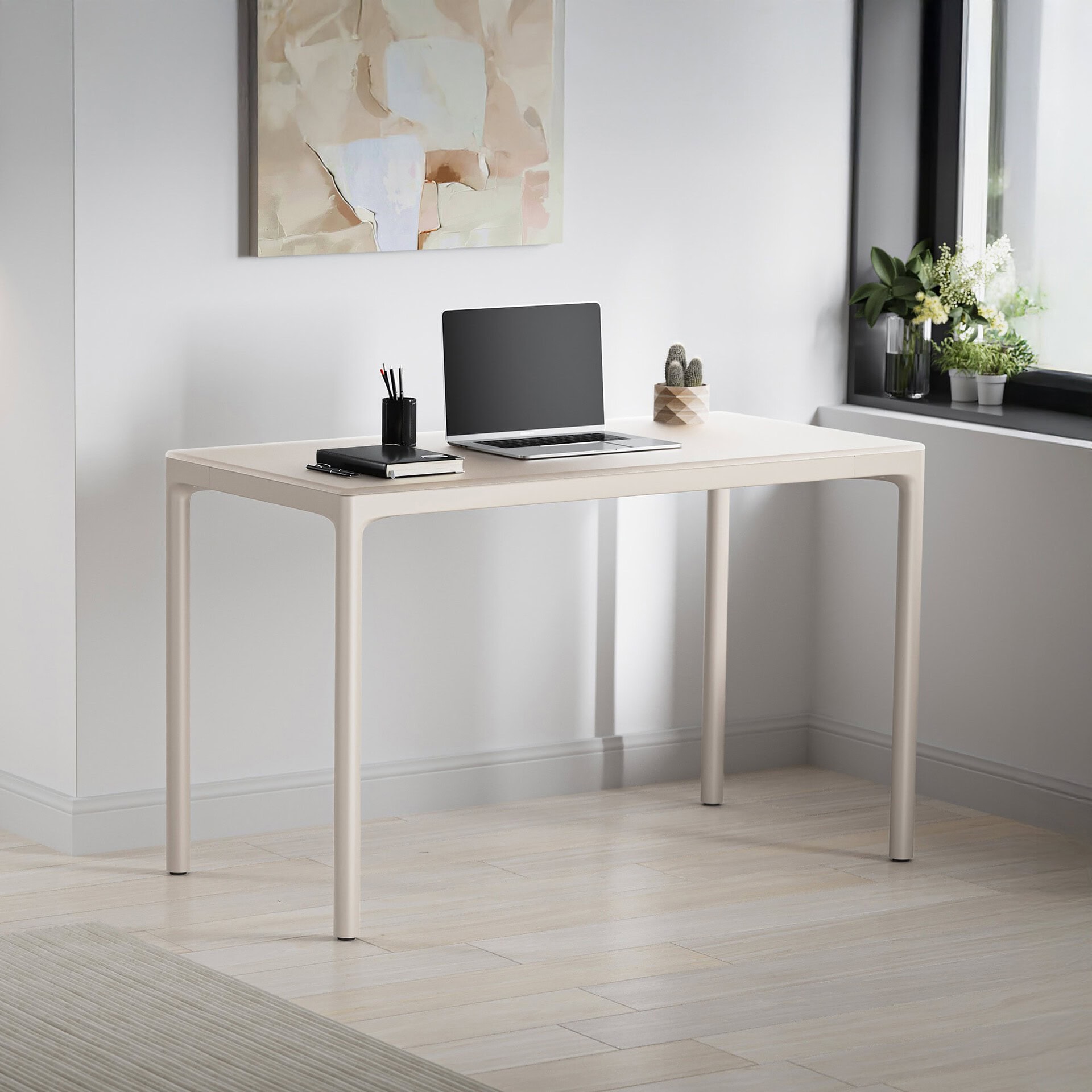 Sleek white modern desk with minimalist decor for home office or workspace setup.