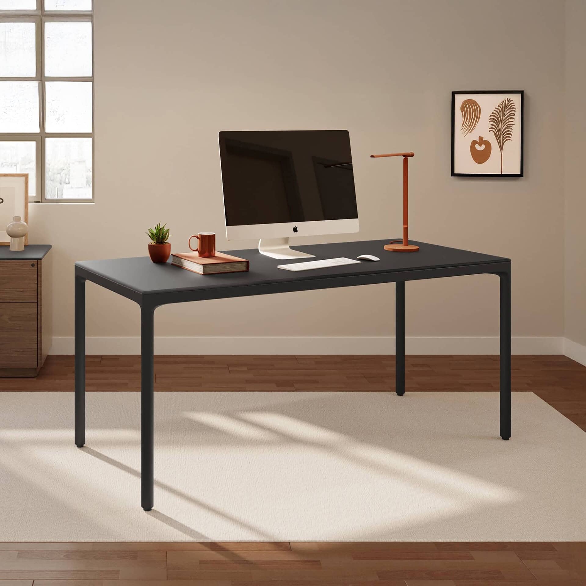 Sleek modern desk with black finish, perfect for stylish home office setups.