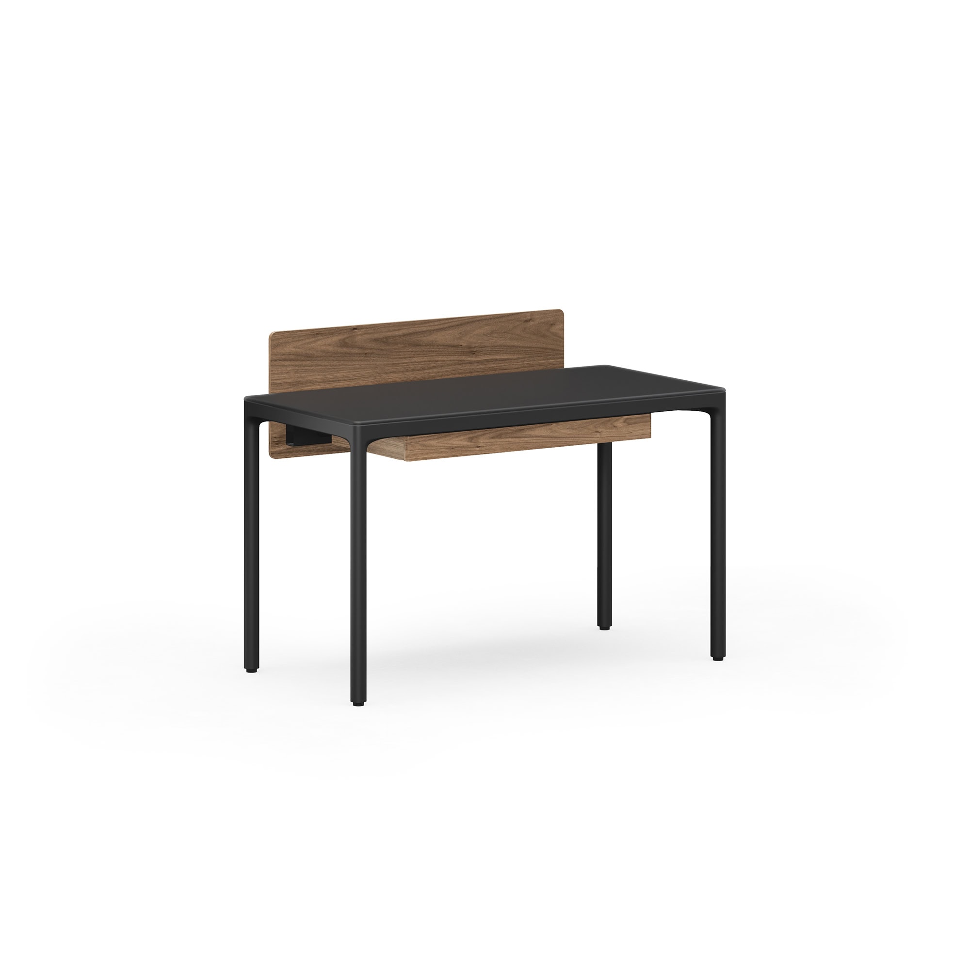 Modern black desk with wooden back panel, sleek design for contemporary office decor.