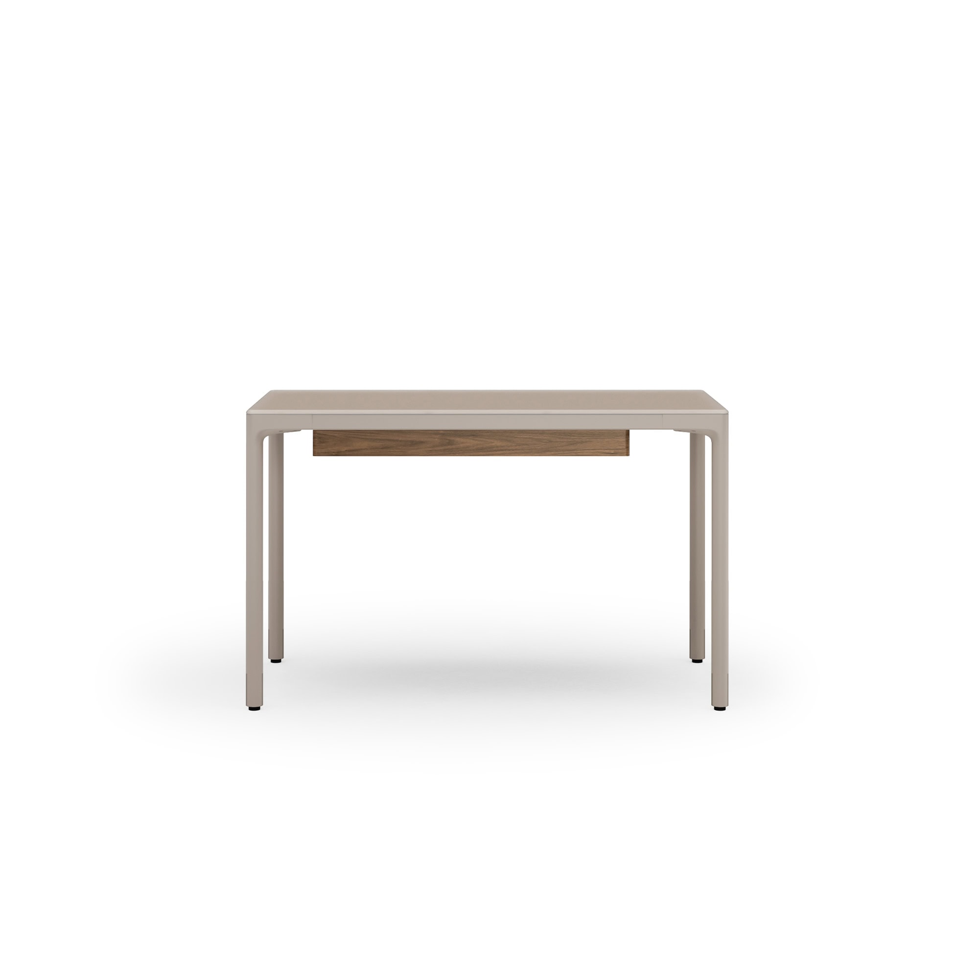 Sleek modern desk with neutral tones and wooden accent for stylish workspace setup.